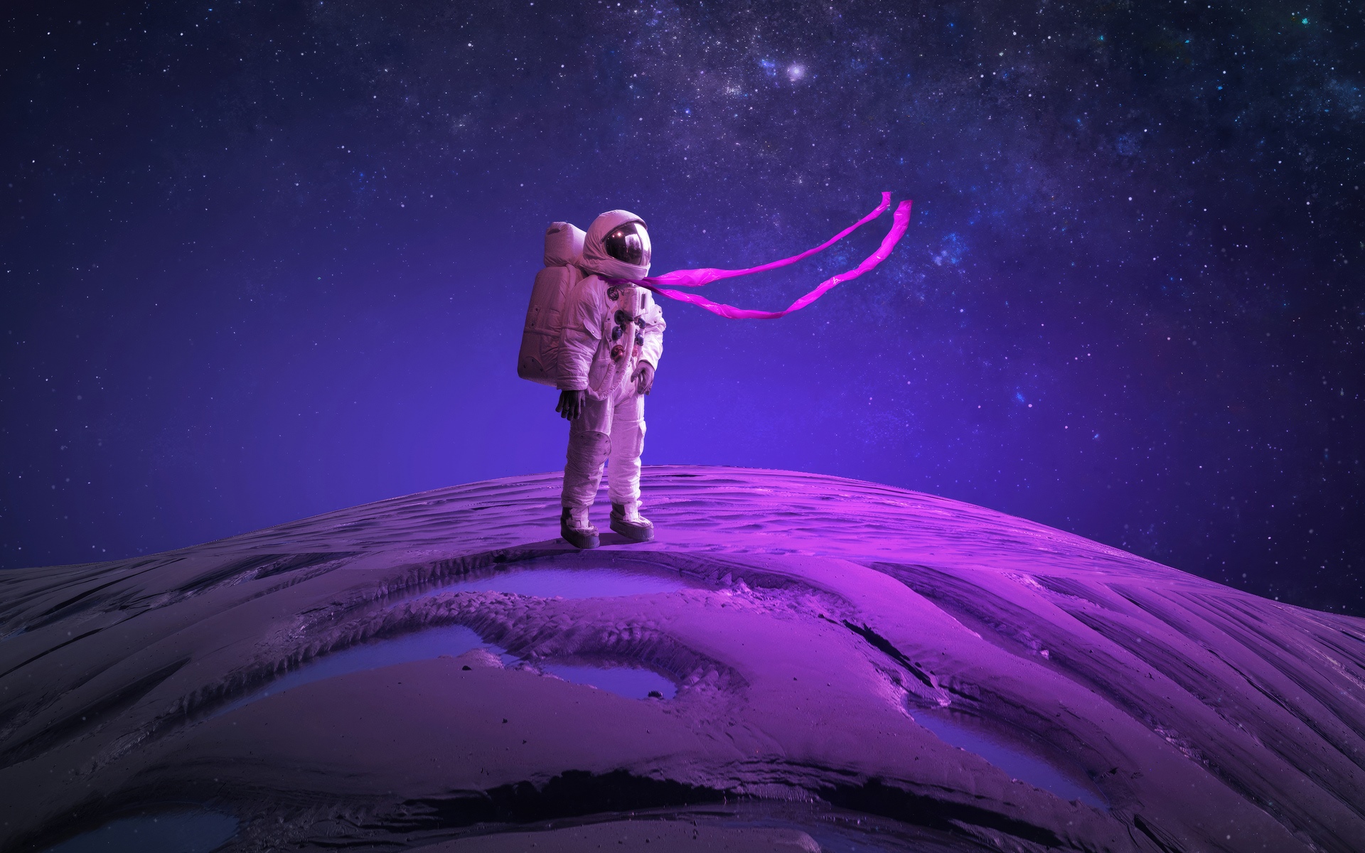 Astronaut standing on a purple planet with stars in the background HD Wallpaper
