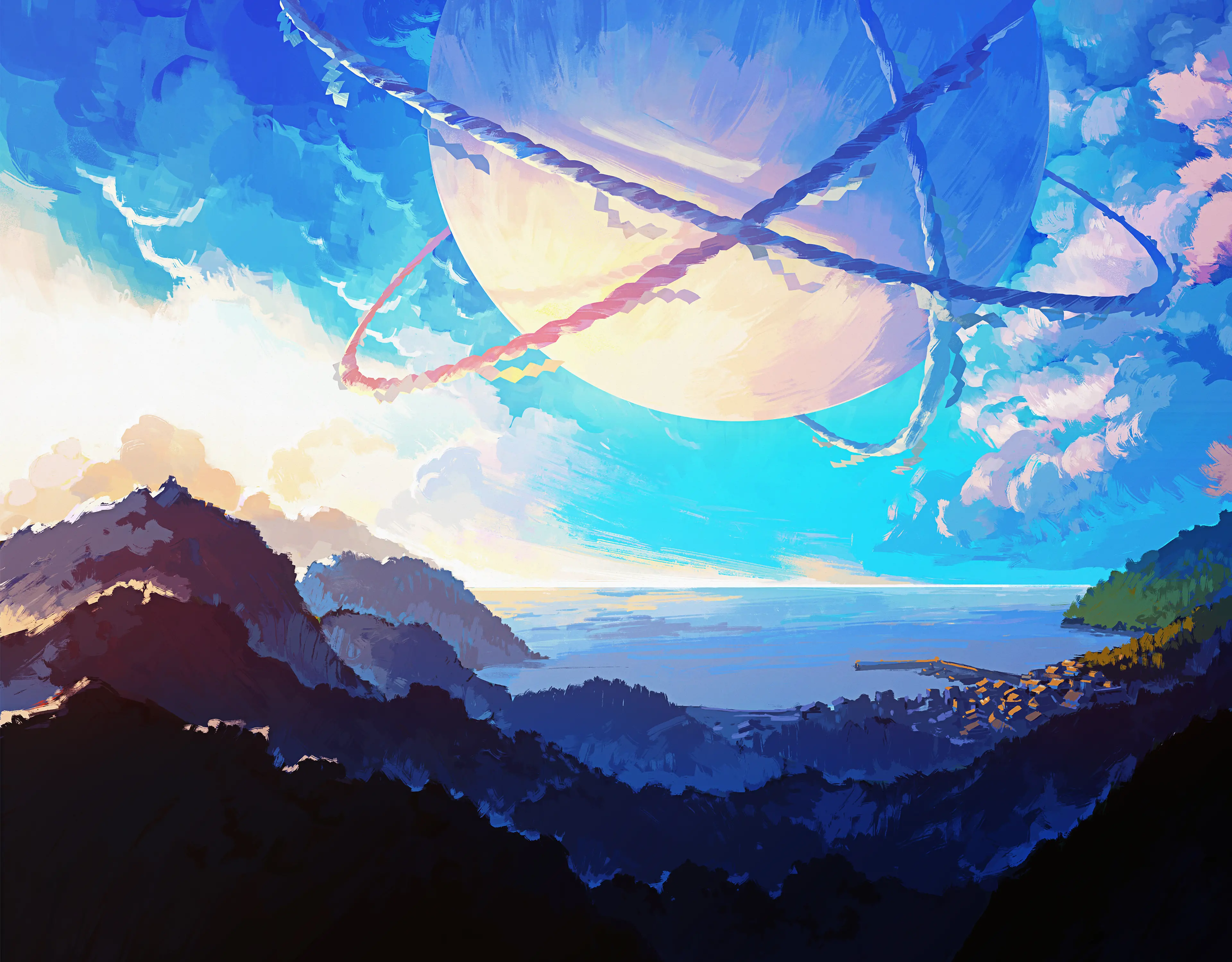 4K painting of a planet over mountains and sea HD Wallpaper