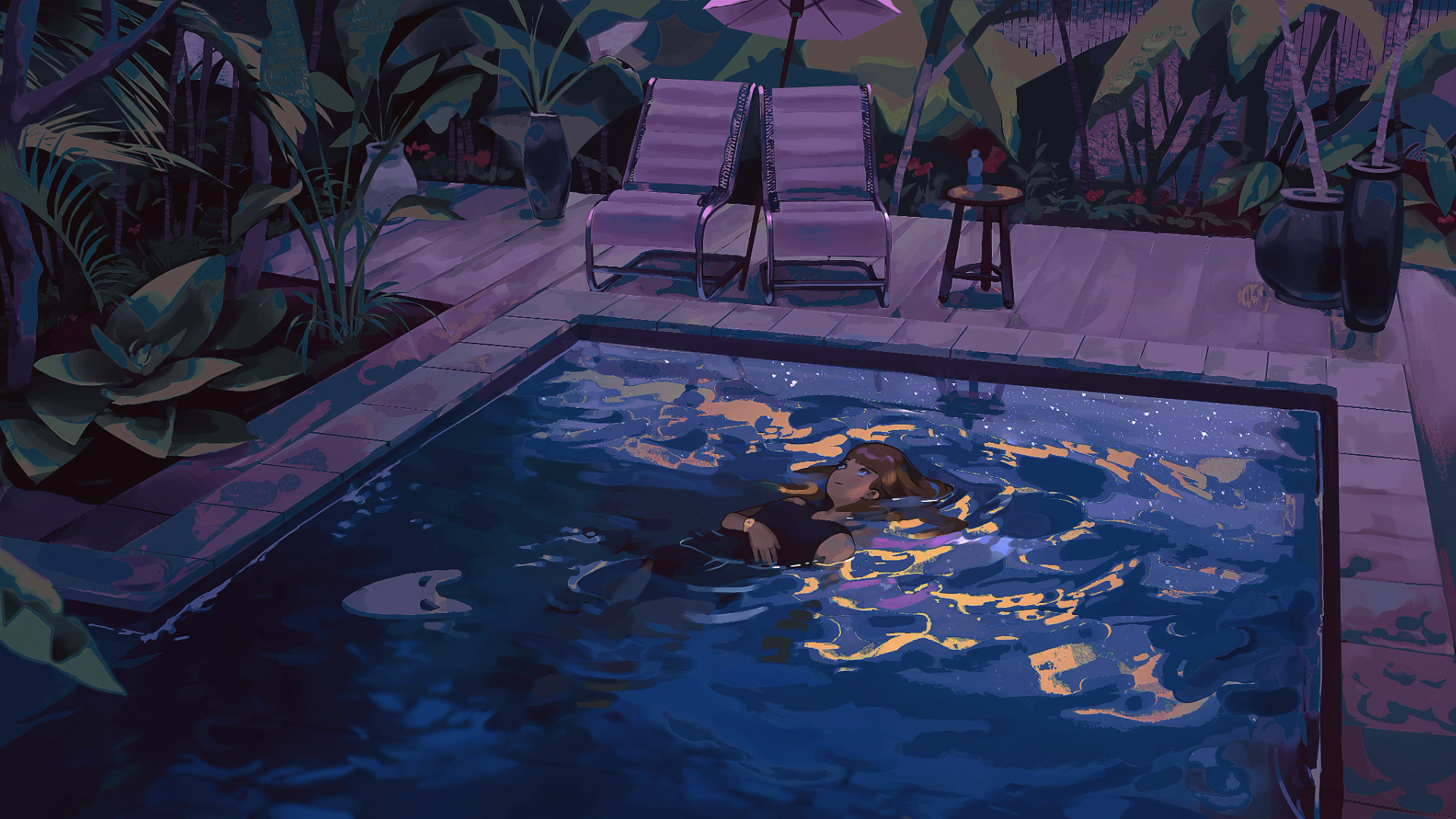 Woman floating in a swimming pool at night HD Wallpaper