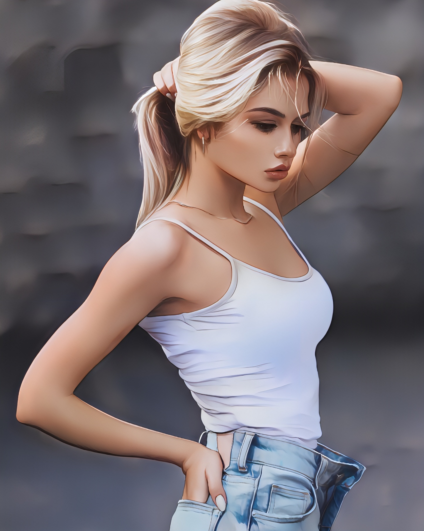Blonde woman in a white tank top and jeans HD Phone Wallpaper