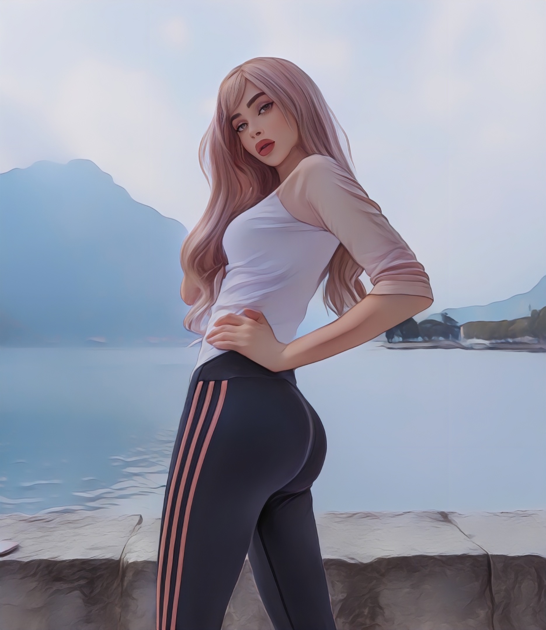 Karina Kozyreva in yoga pants by the water HD Phone Wallpaper