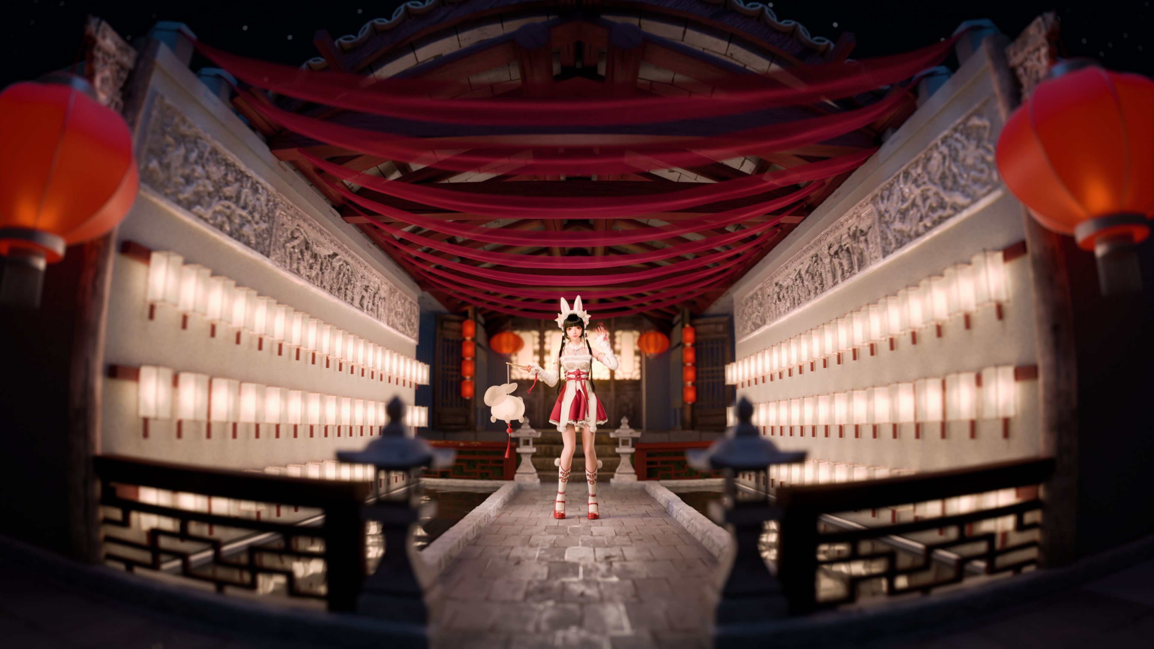 4K Asian woman in traditional attire with lanterns HD Wallpaper