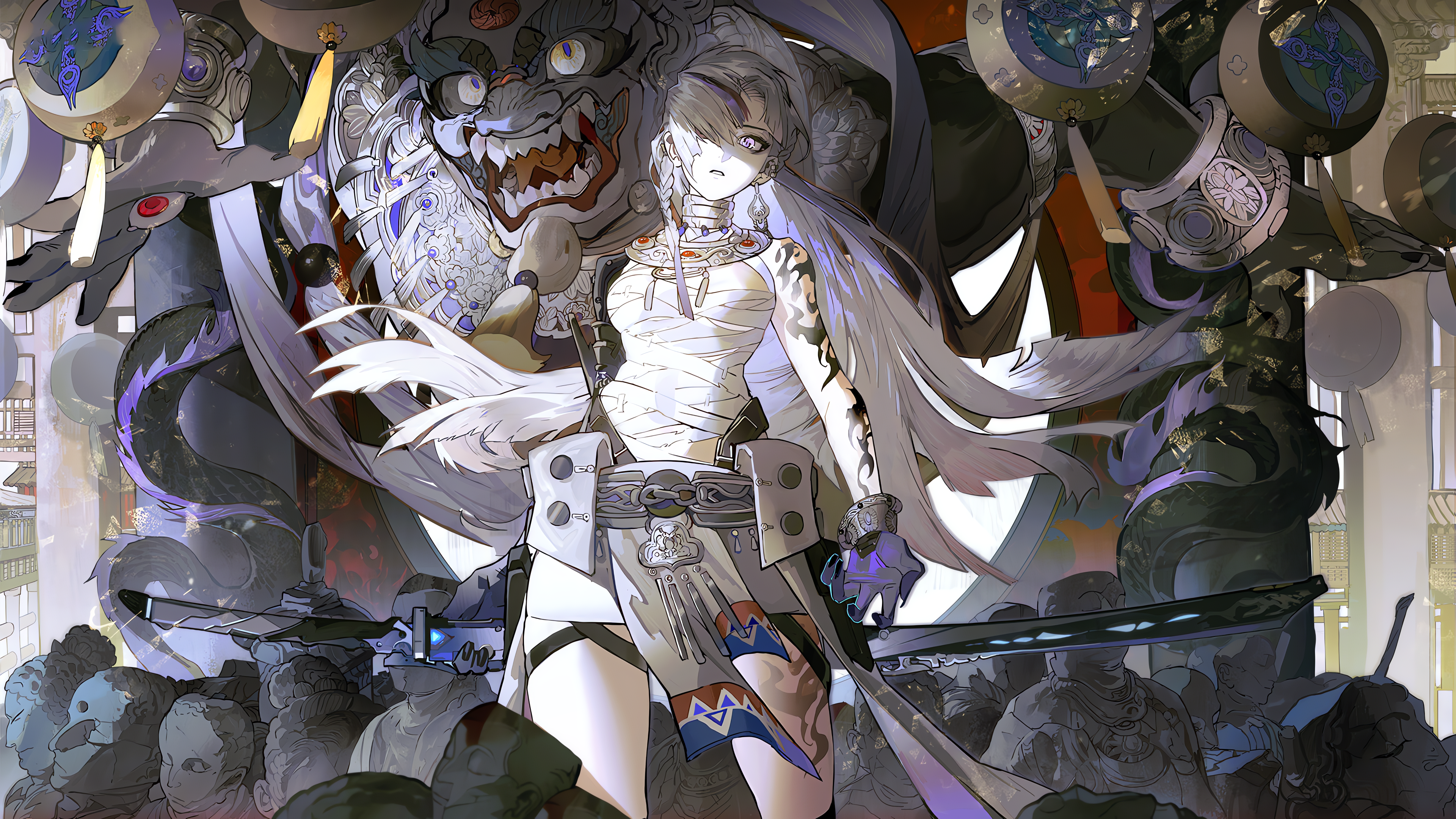 Lucia with a dragon and swords in 4K HD Wallpaper