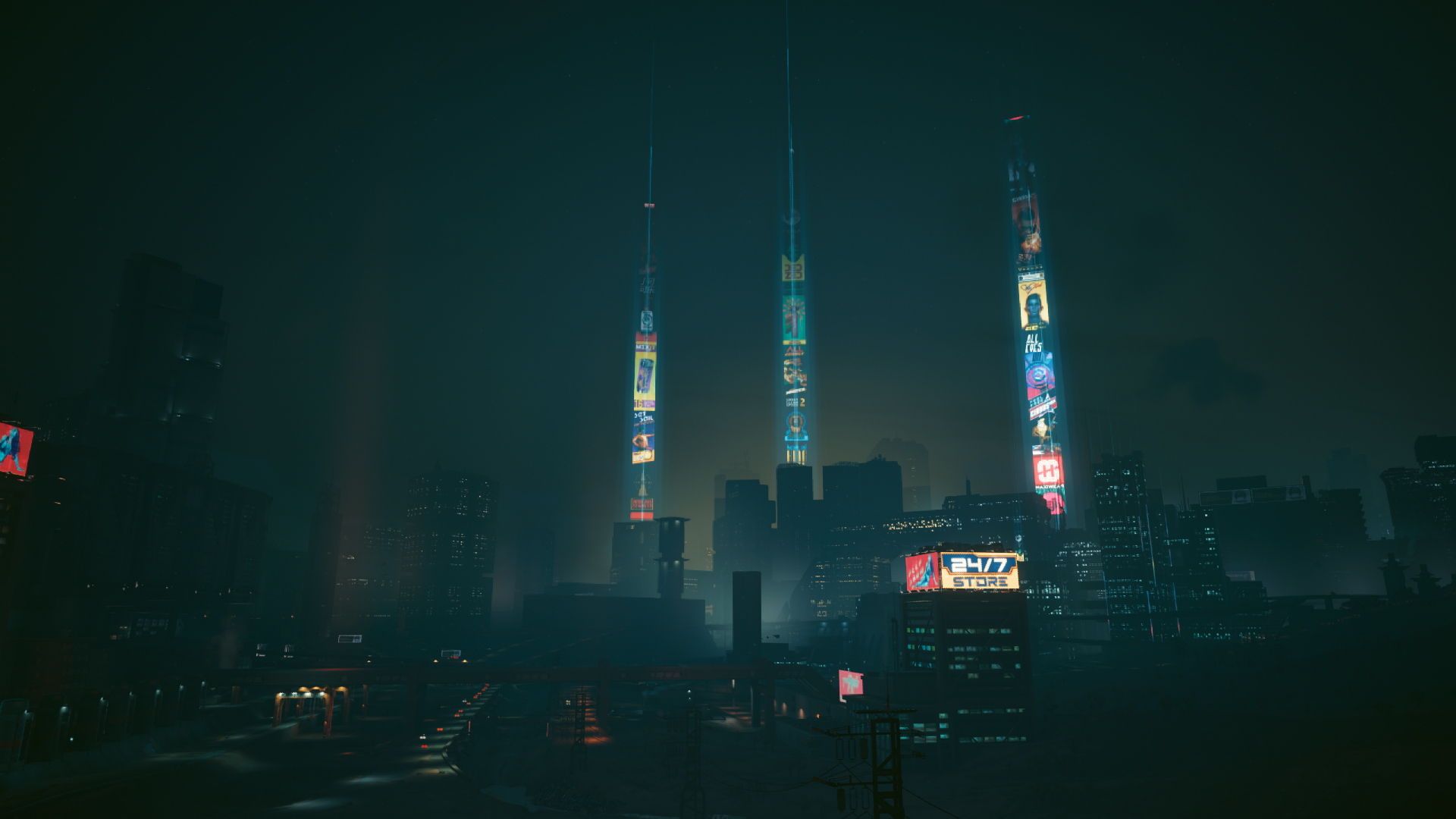 Cyberpunk 2077 city skyline at night with tall buildings HD Wallpaper