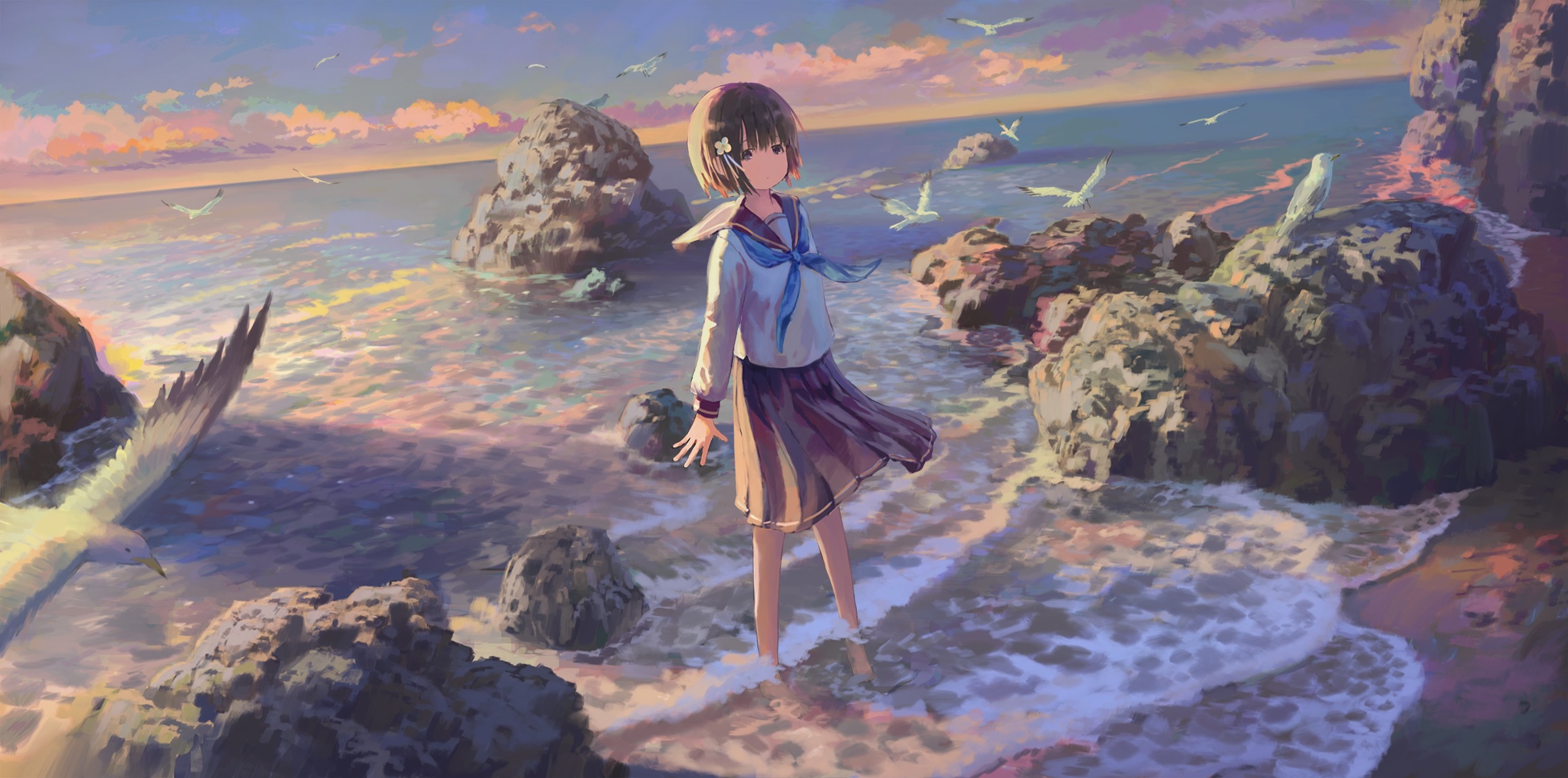 Schoolgirl on a beach at sunset with seagulls HD Wallpaper