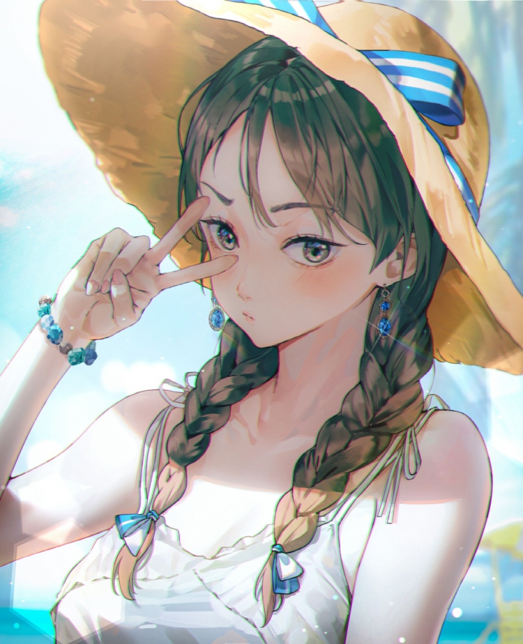 Girl with braids and straw hat making peace sign HD Phone Wallpaper