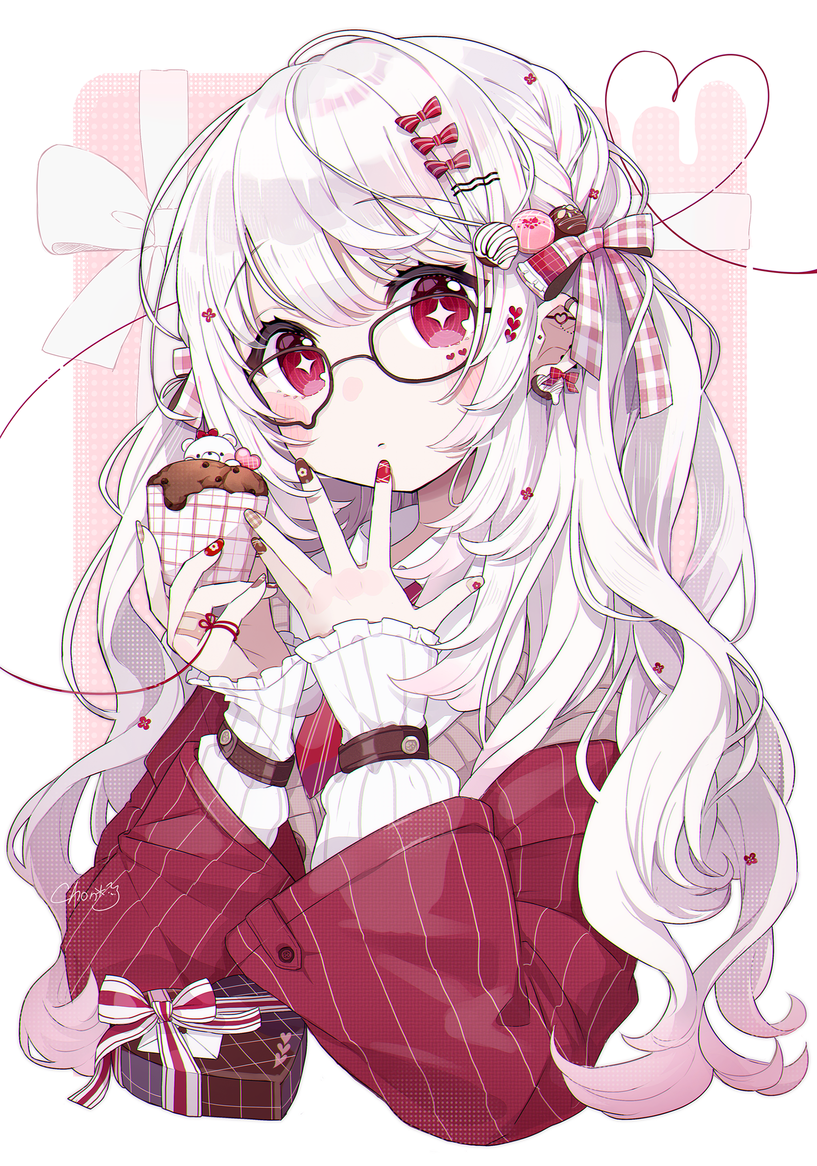 Anime girl with glasses holding a cupcake HD Phone Wallpaper