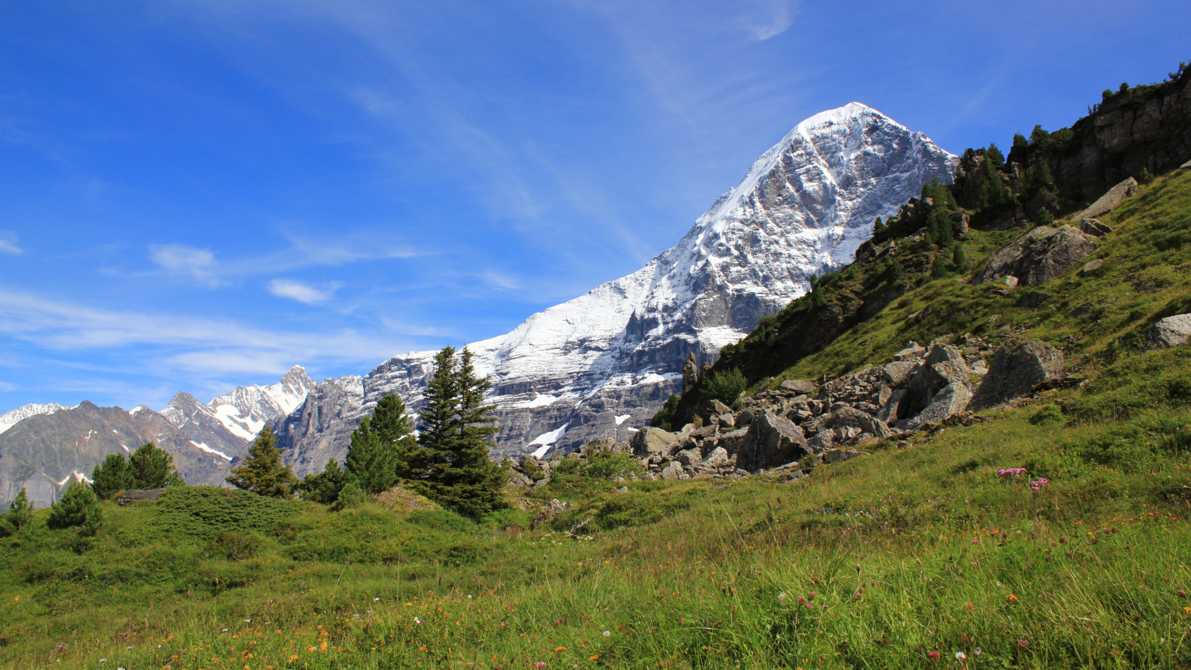 Snowy peak in Switzerland with green meadows and rocks HD Wallpaper