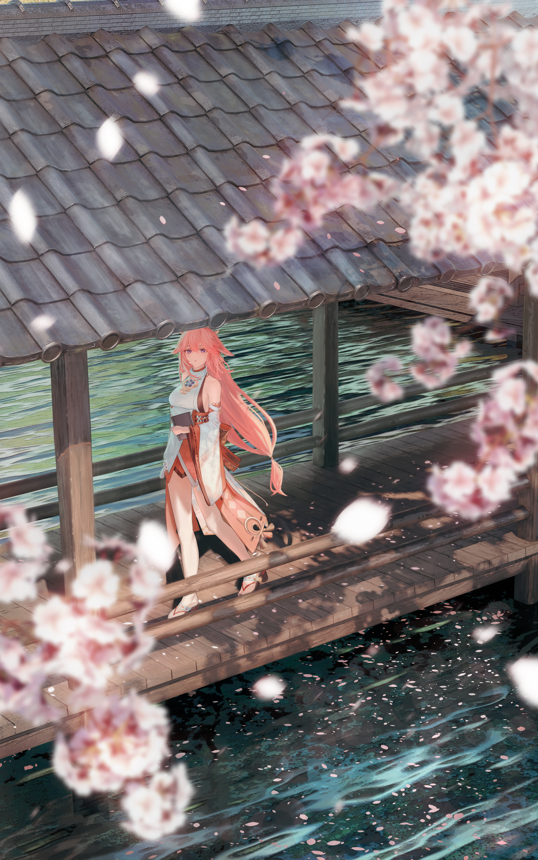 Yae Miko on a bridge with cherry blossoms HD Phone Wallpaper