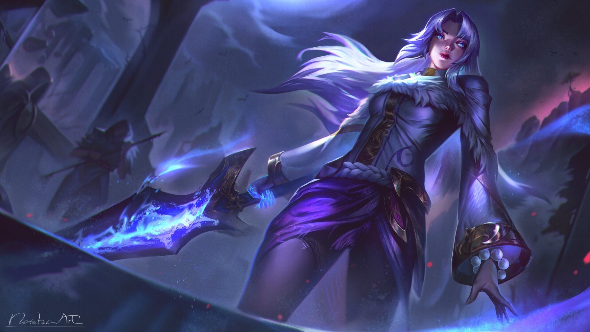 Fantasy art of a woman with blue hair and glowing eyes HD Wallpaper