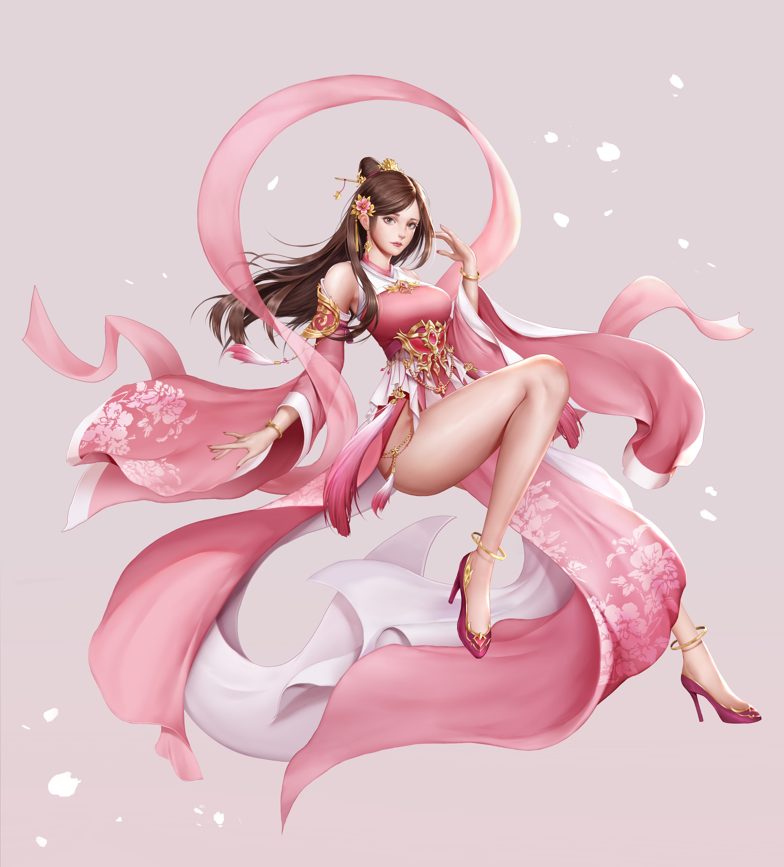 Fantasy girl in pink dress with flowing ribbons HD Wallpaper