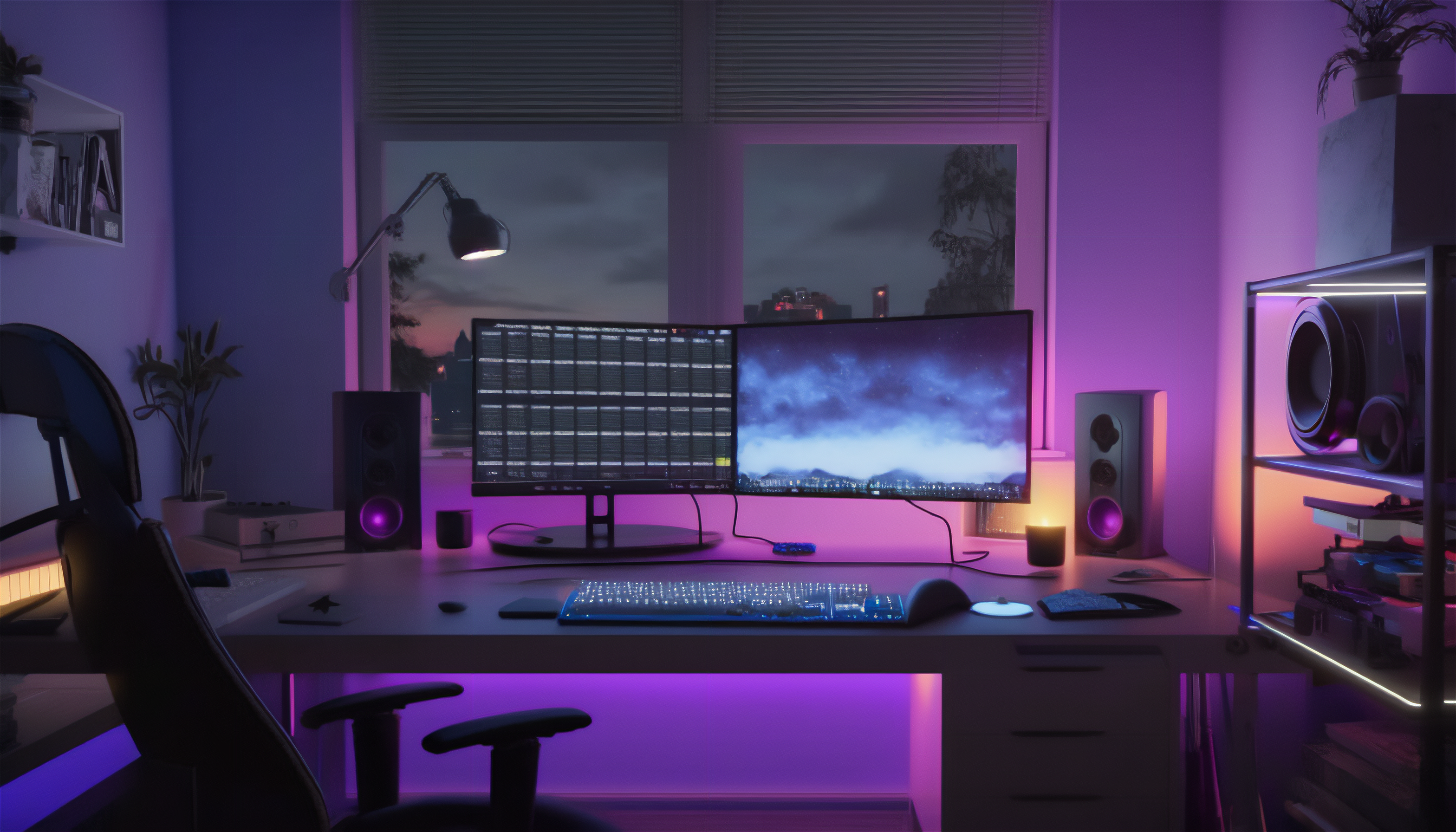 Gamer desk setup with dual monitors and purple lighting HD Wallpaper