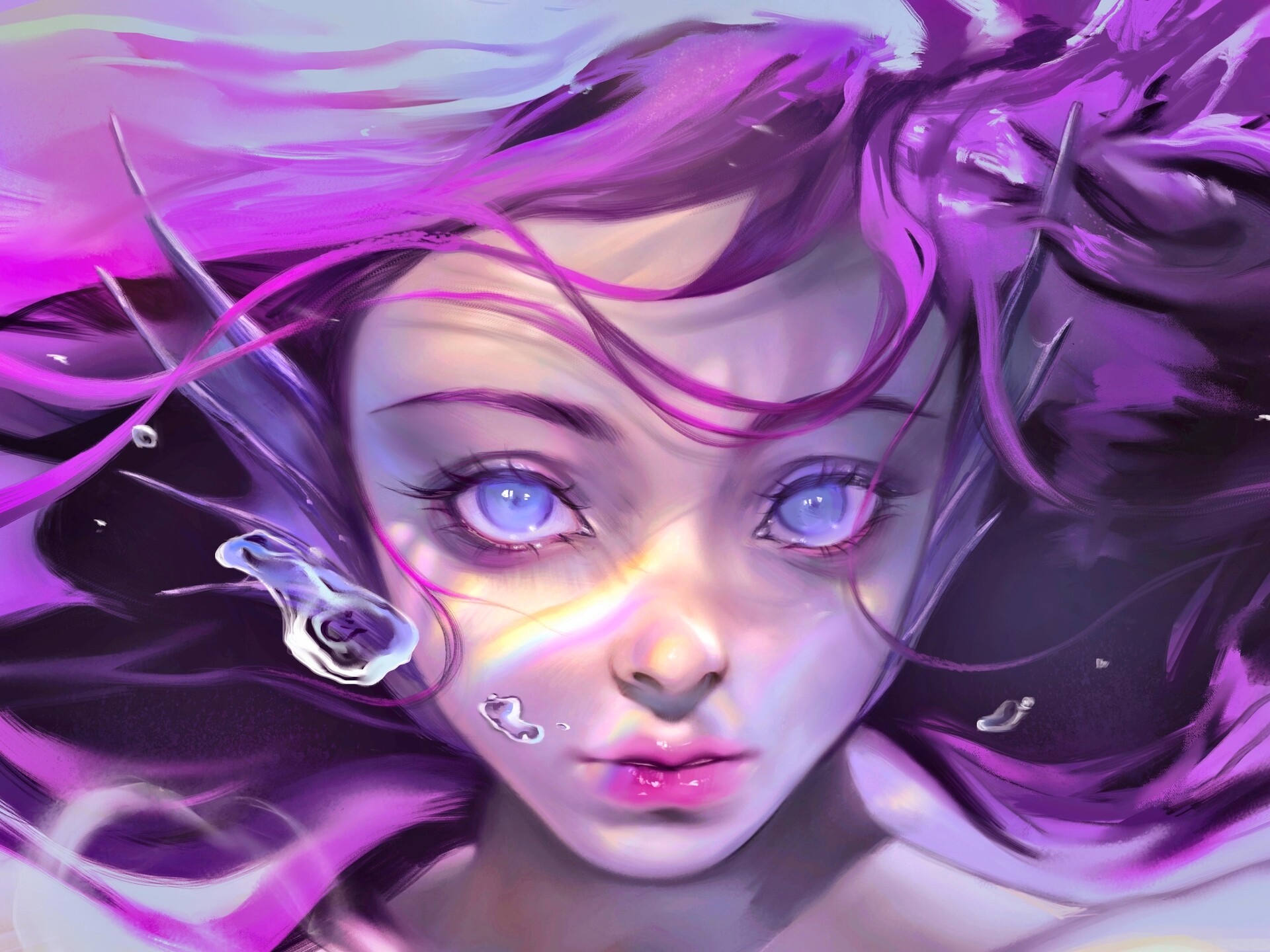 Artwork of a woman with purple hair underwater HD Wallpaper