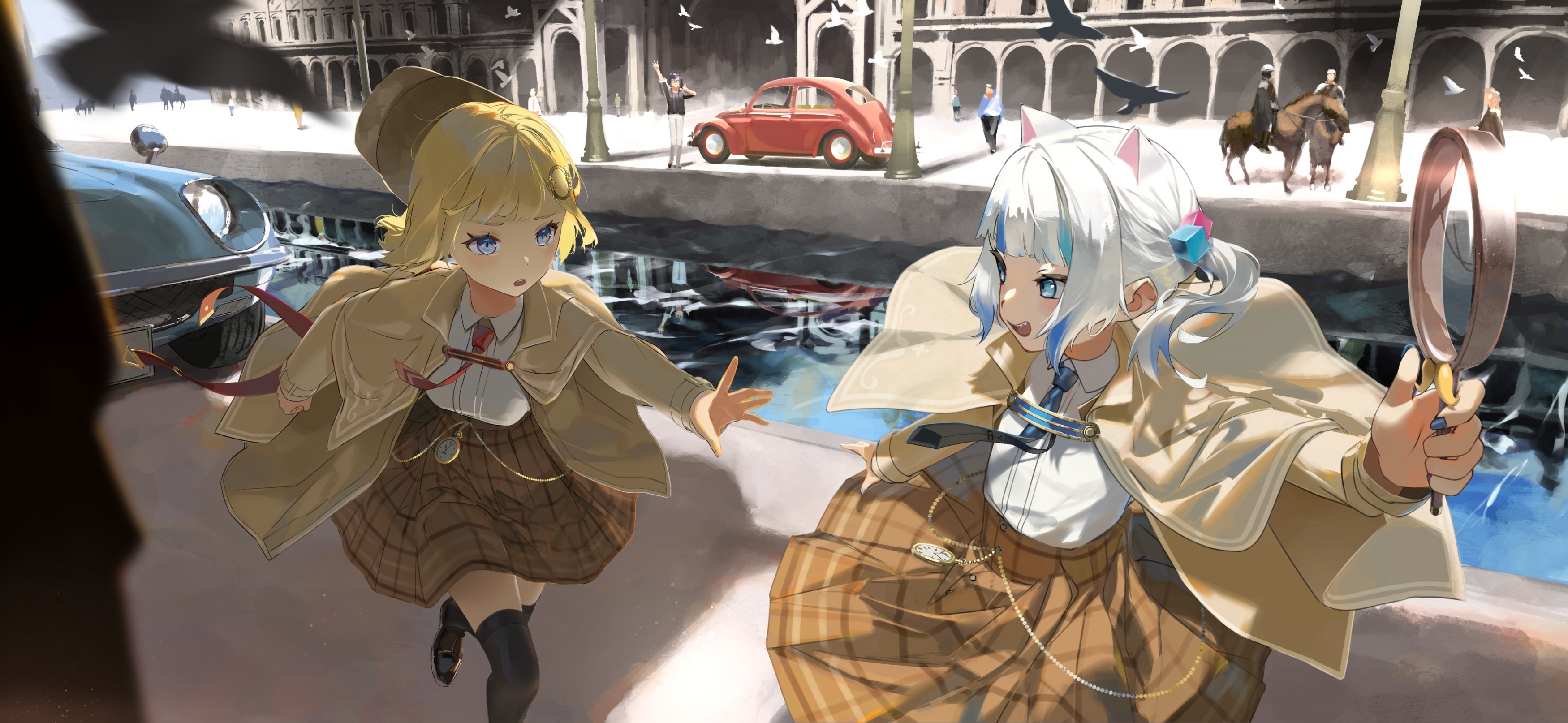 Gawr Gura and Watson Amelia by a Canal HD Wallpaper