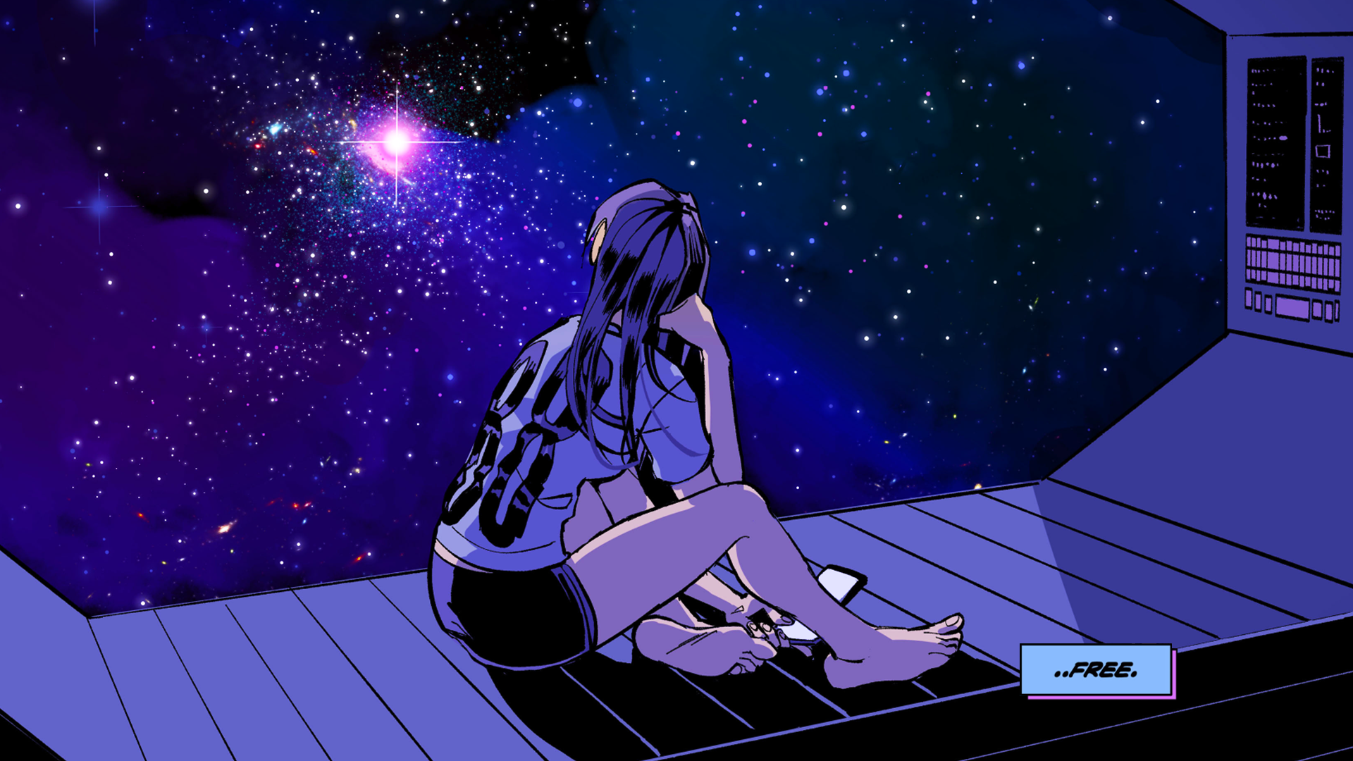 Girl in spaceship looking at galaxy HD Wallpaper