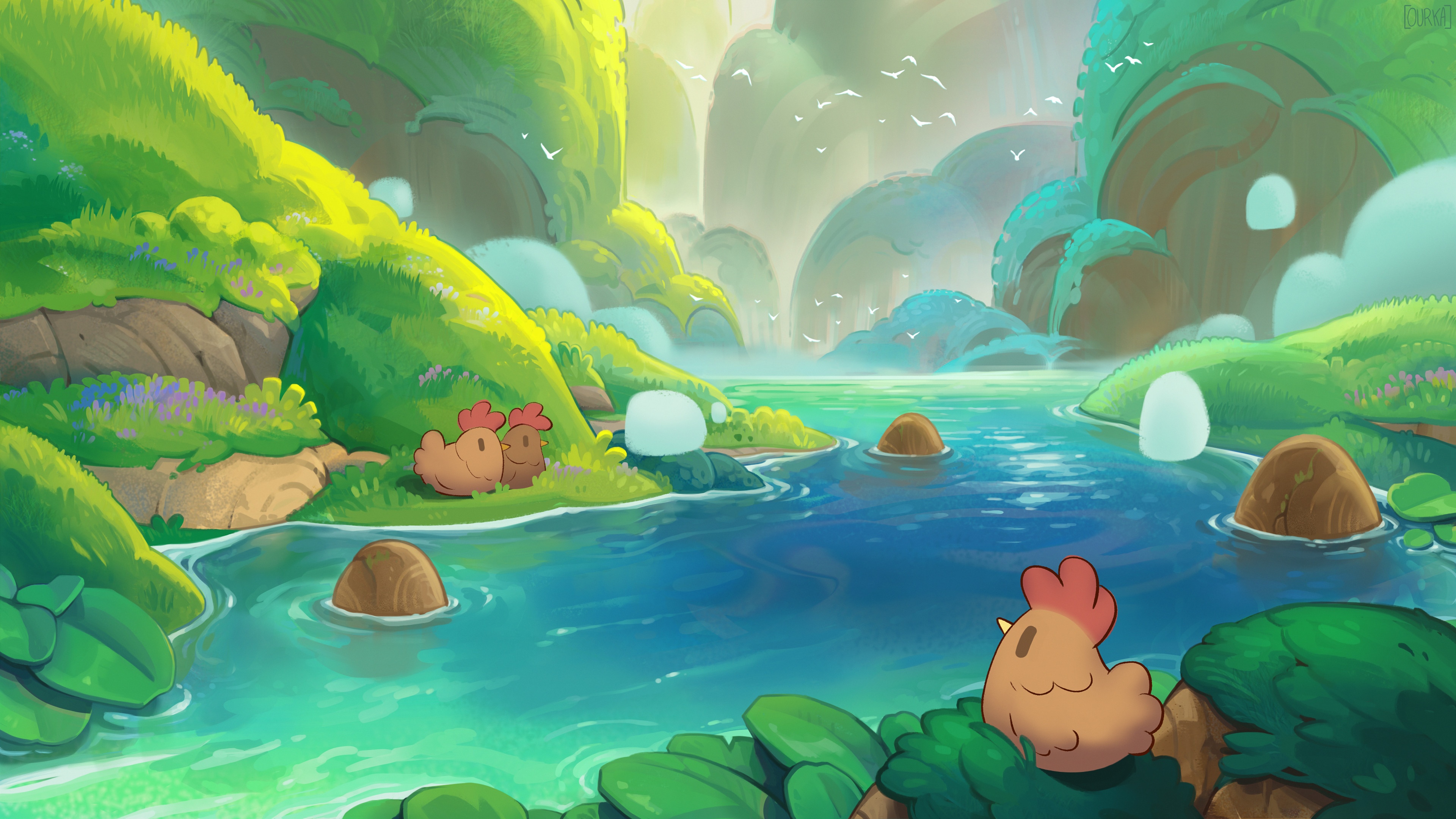 Chickens by a River in a Forest HD Wallpaper