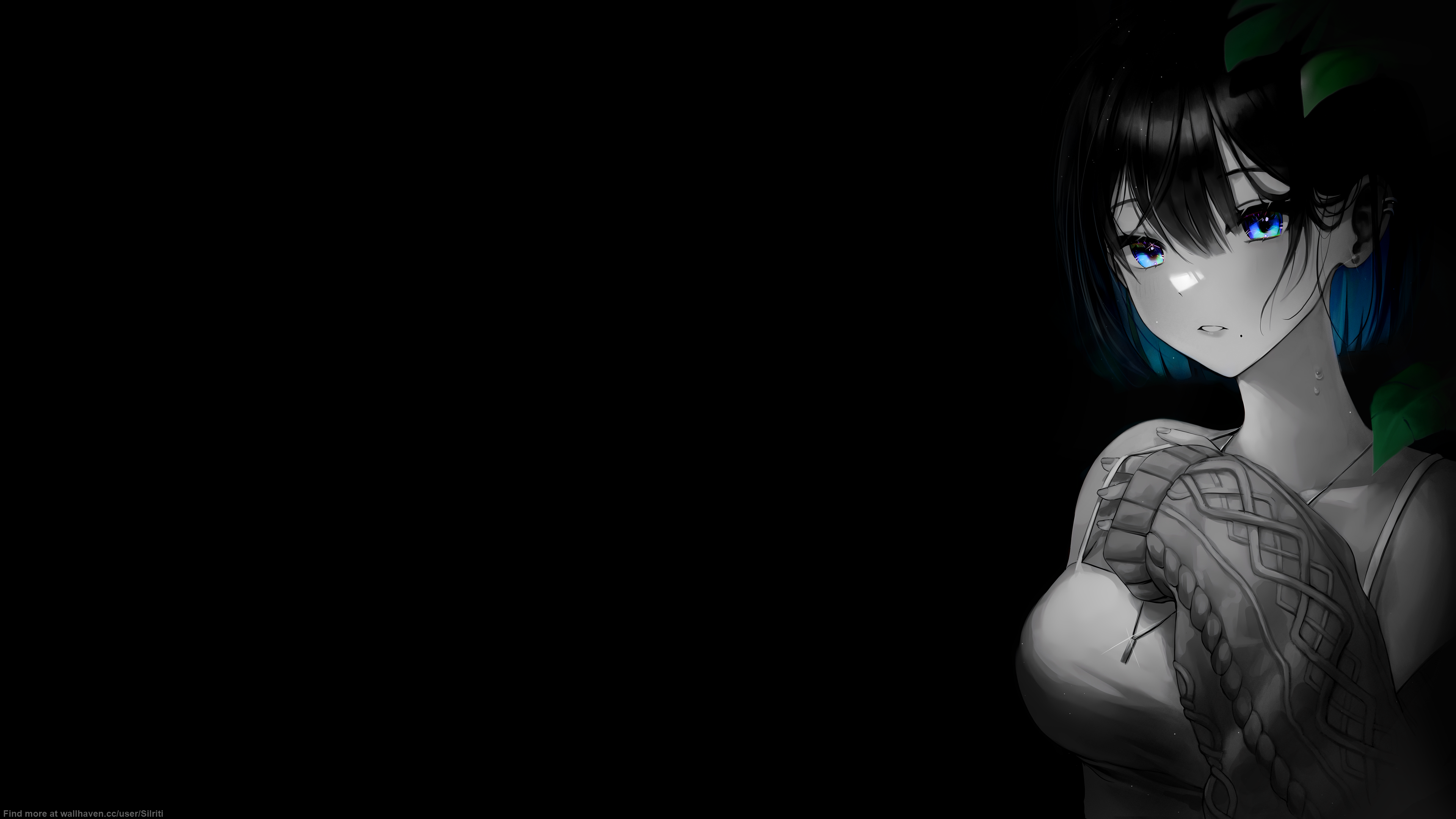 Anime girl with blue eyes and leaves 4K HD Wallpaper