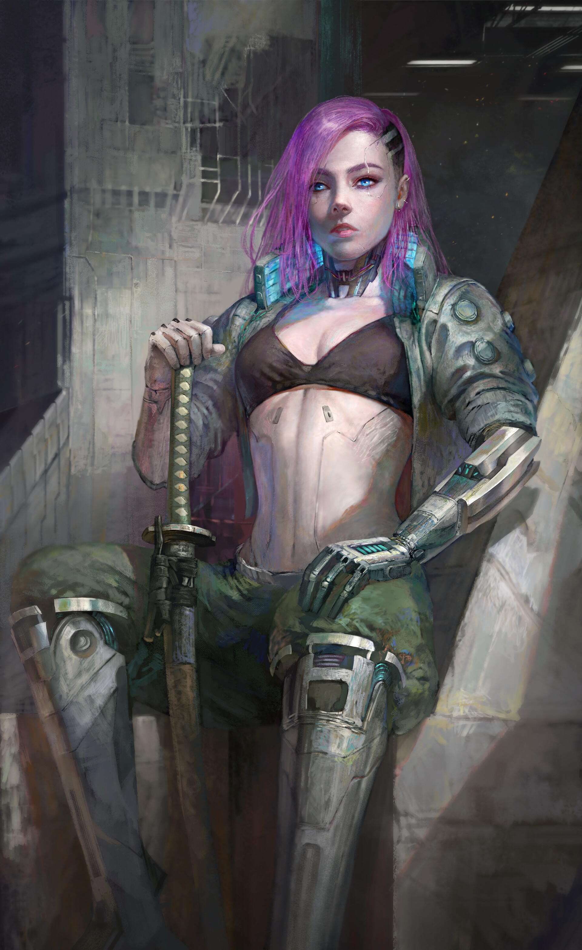 Cyberpunk warrior with pink hair and sword HD Phone Wallpaper