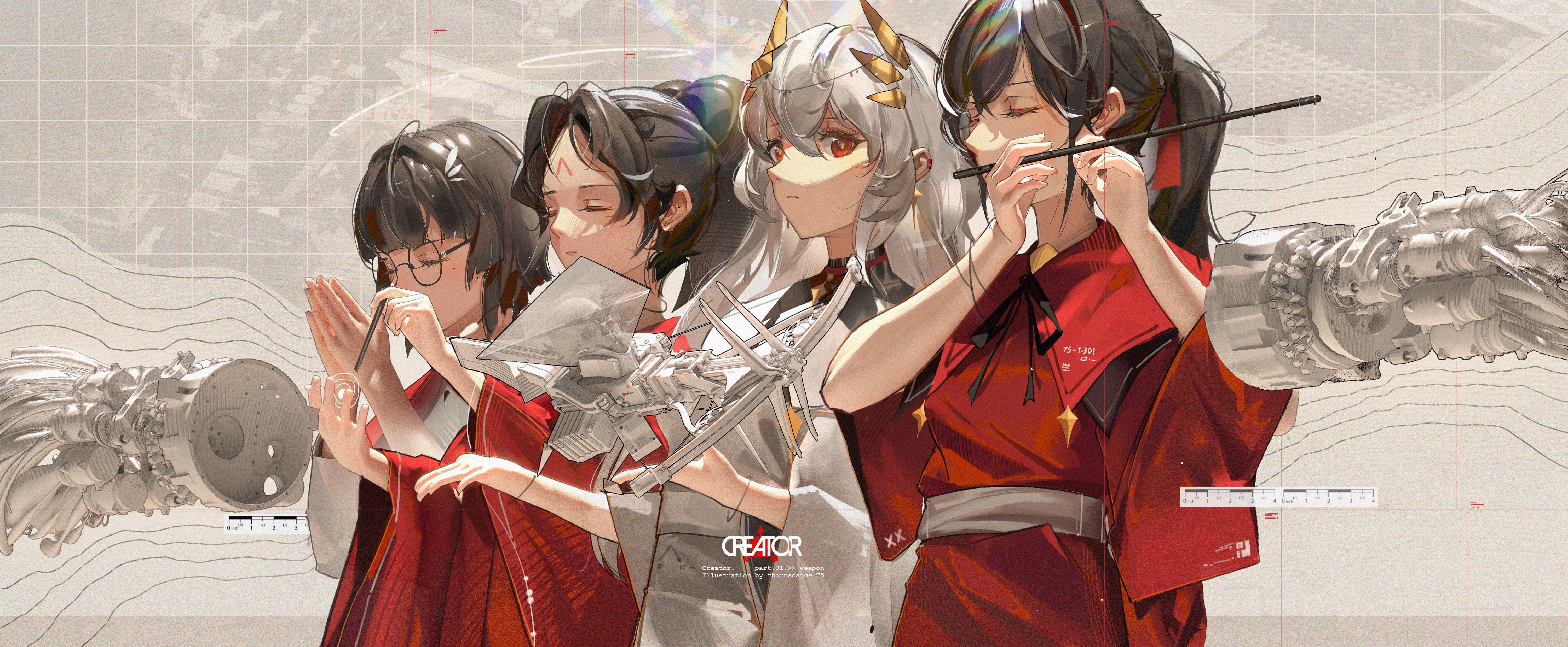 Women quartet playing instruments with mechanical parts HD Wallpaper