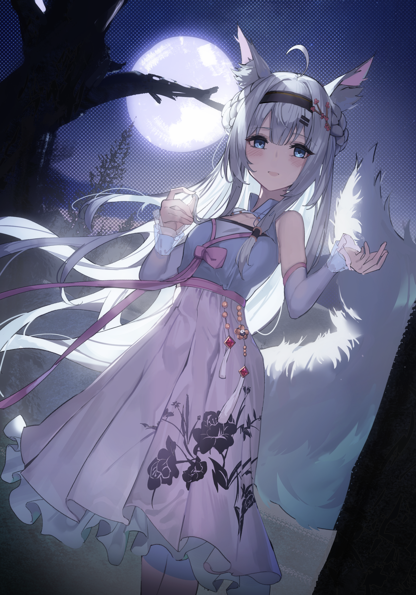 Anime Fox Girl in a Dress Under the Moon HD Phone Wallpaper