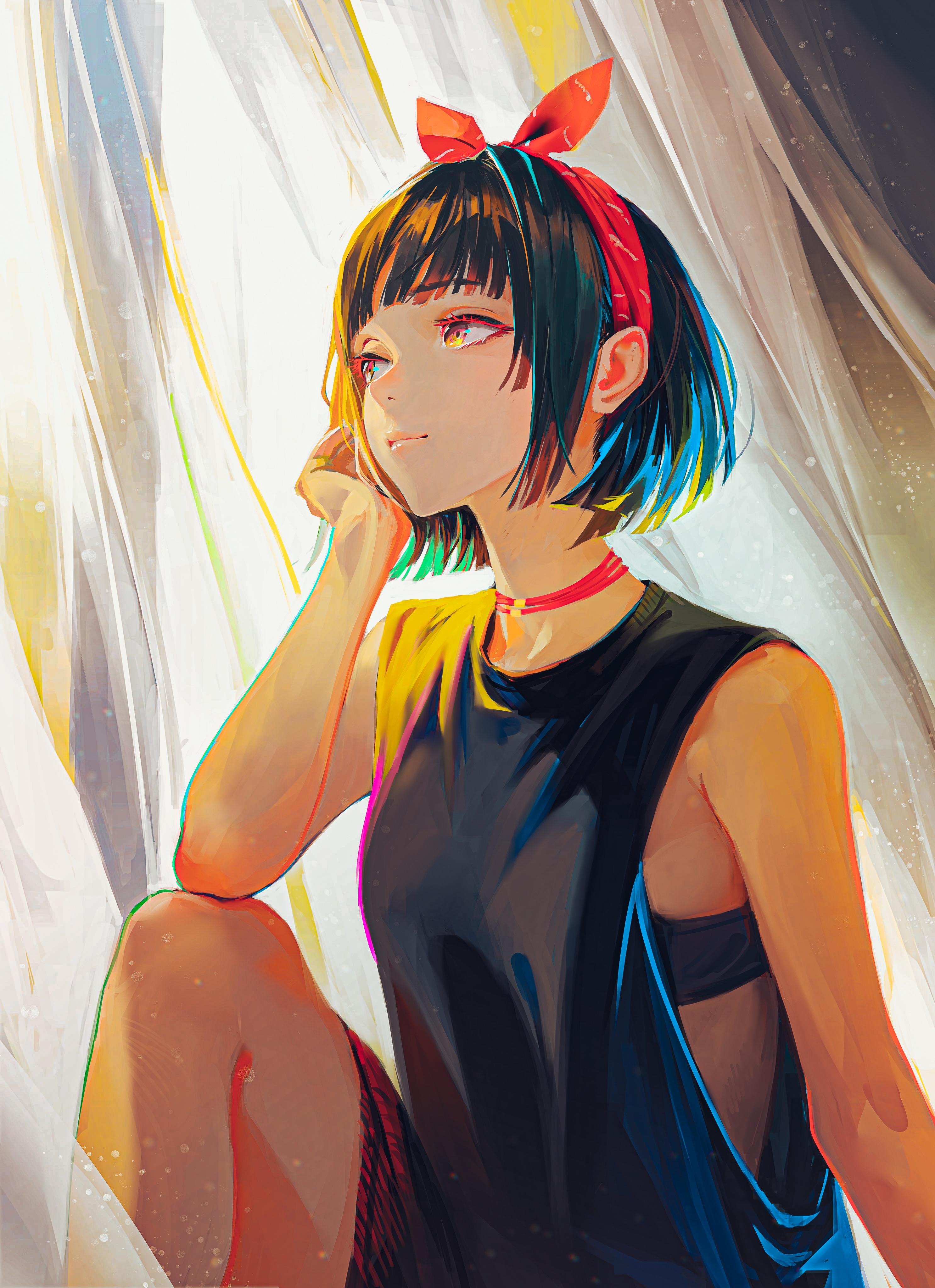 Anime girl with multi-colored hair and red bandana HD Phone Wallpaper