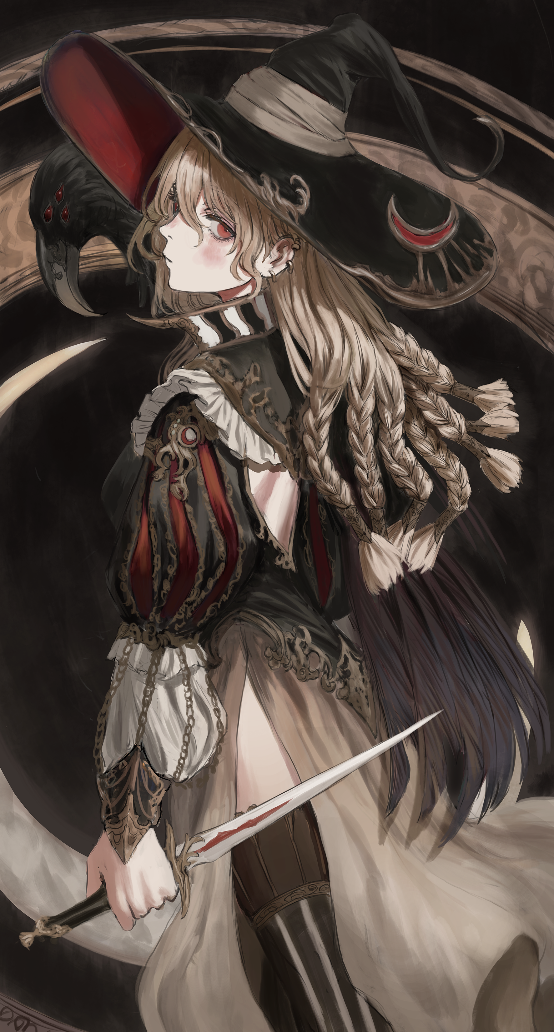 Witch with dagger and crow on her hat HD Phone Wallpaper