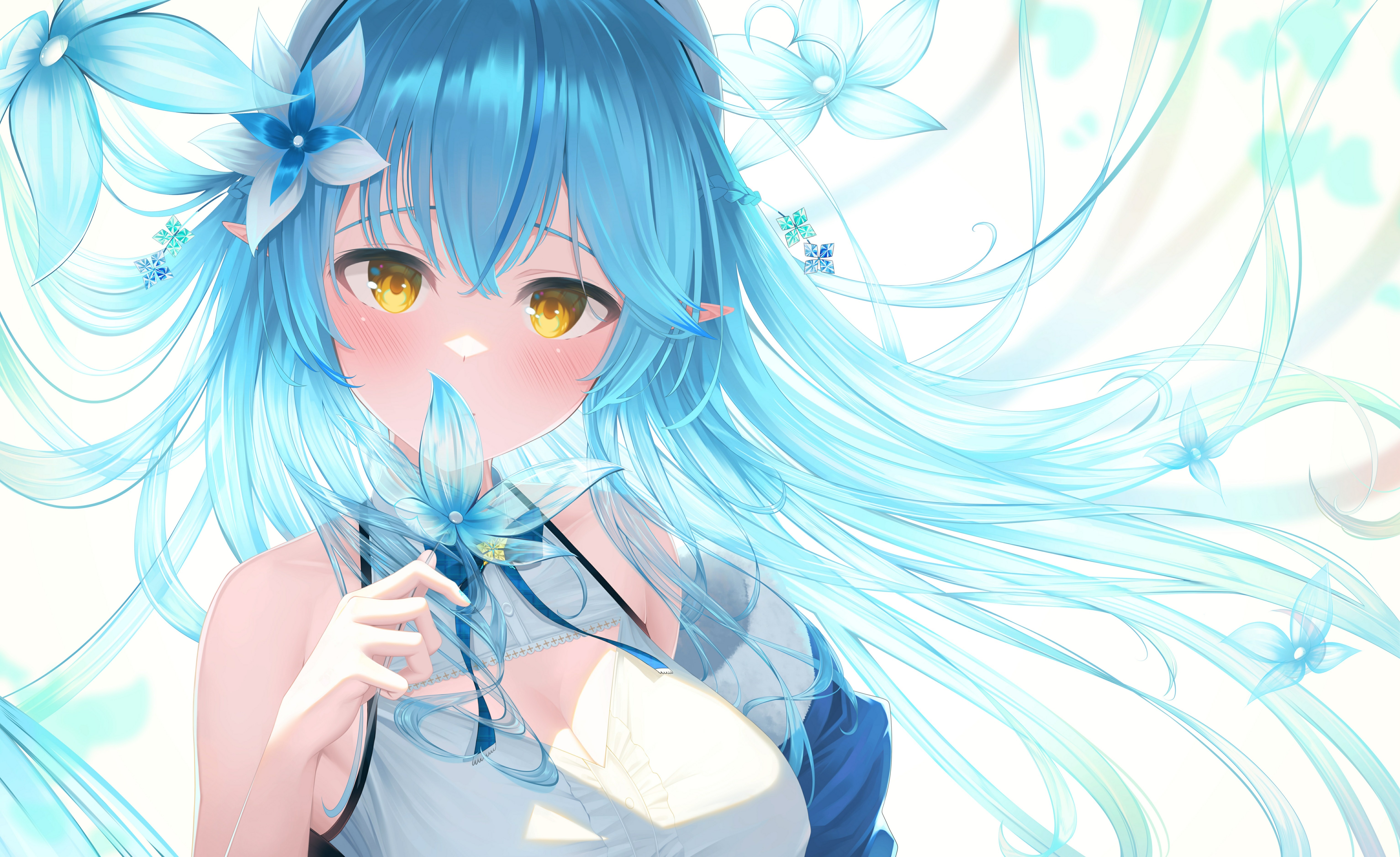 4K Yukihana Lamy with blue hair and flowers HD Wallpaper