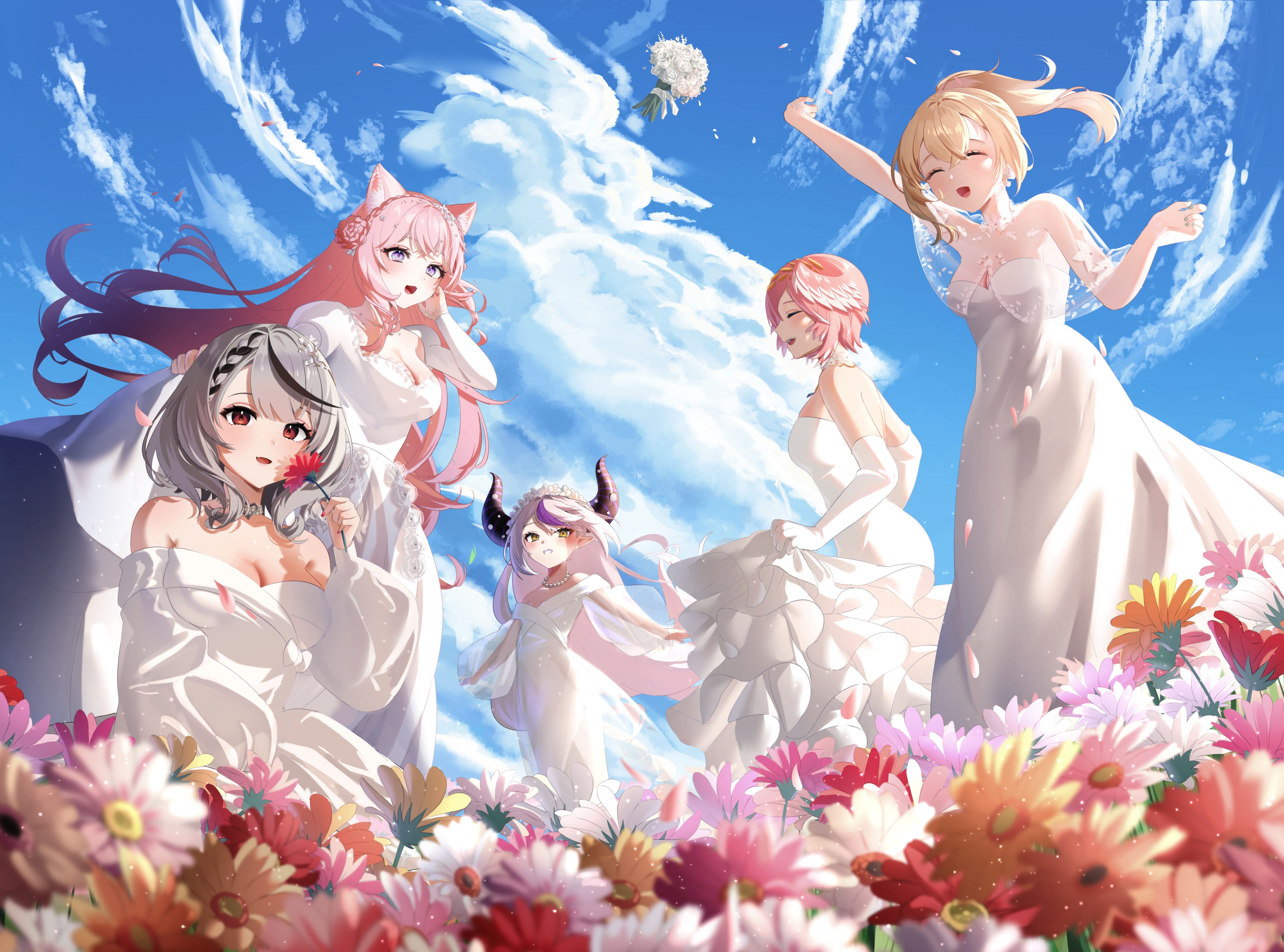 4K Hololive girls in wedding dresses in a flower field HD Wallpaper