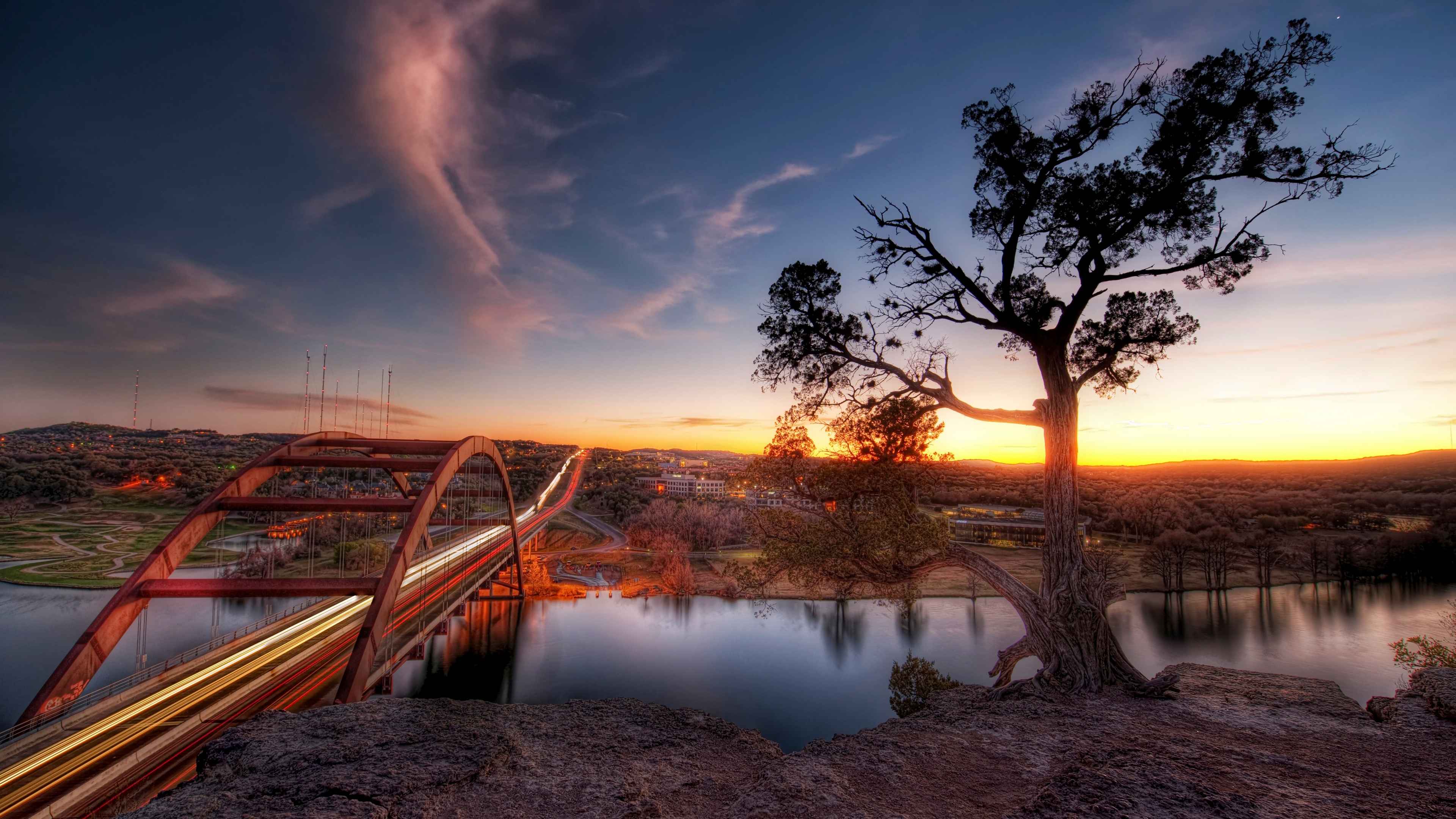 4K Sunset over Pennybacker Bridge, Austin, Texas HD Wallpaper