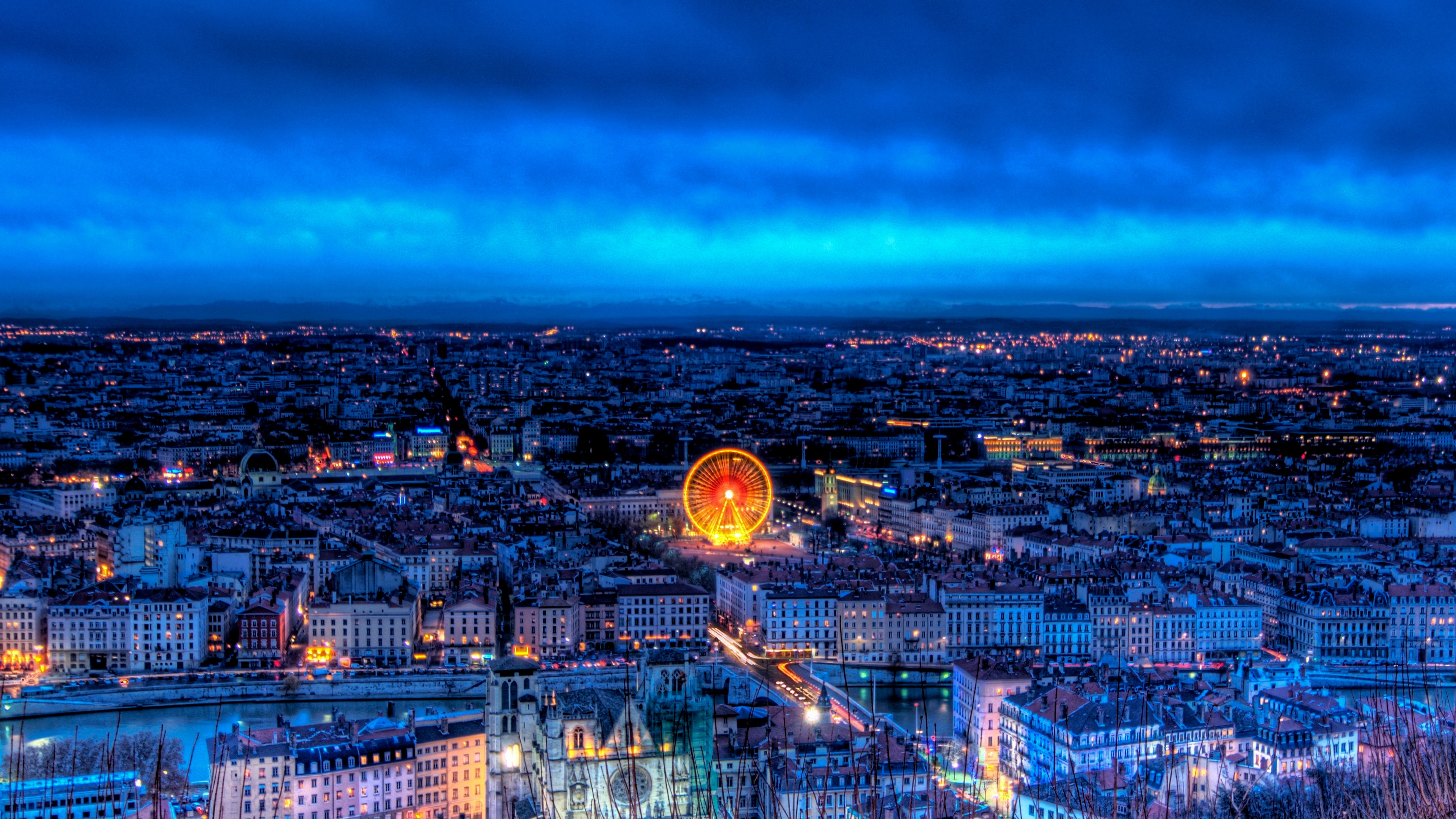 4K Lyon Cityscape with Ferris Wheel at Night HD Wallpaper