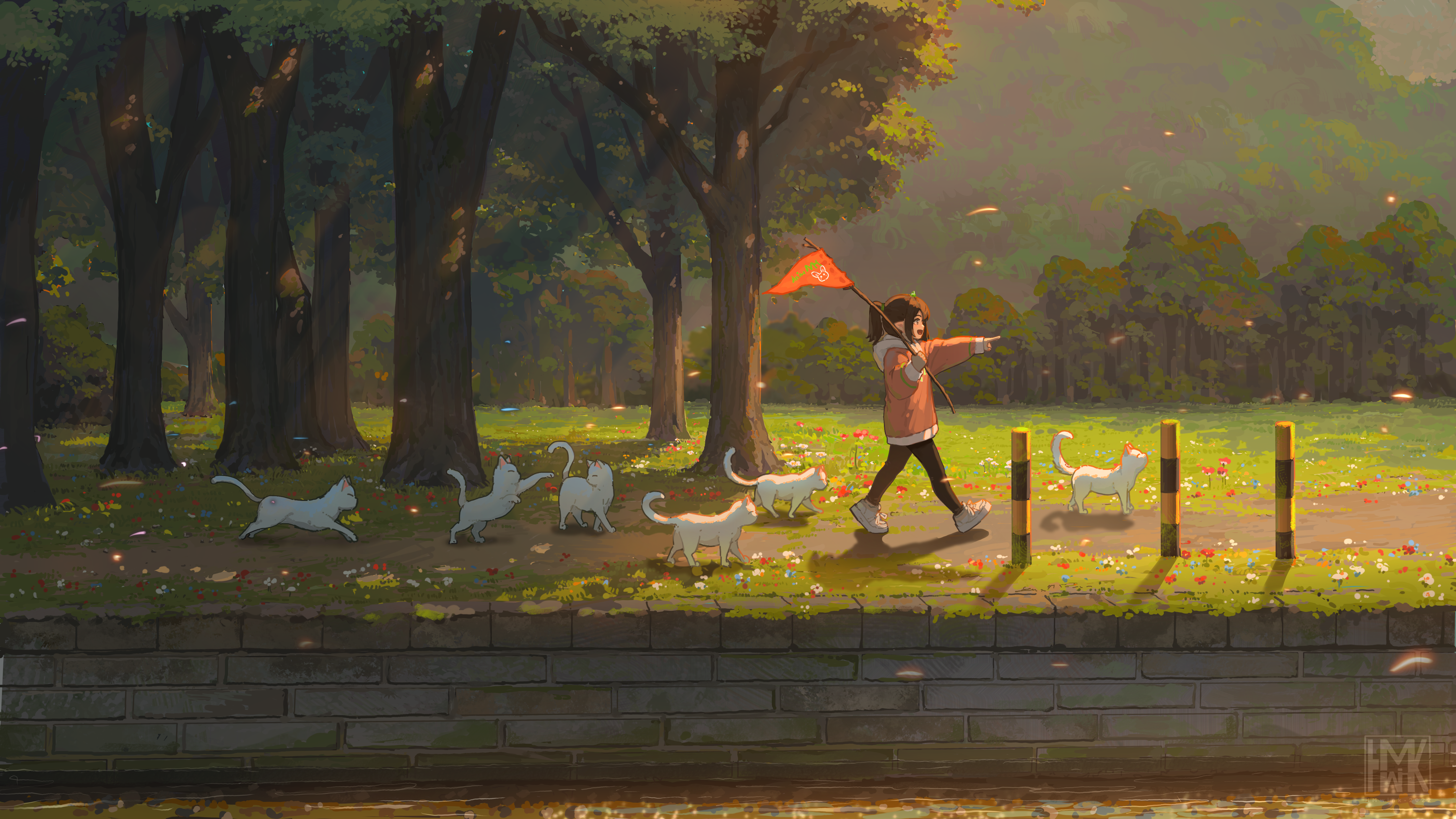 Girl leading cats with flag in forest HD Wallpaper