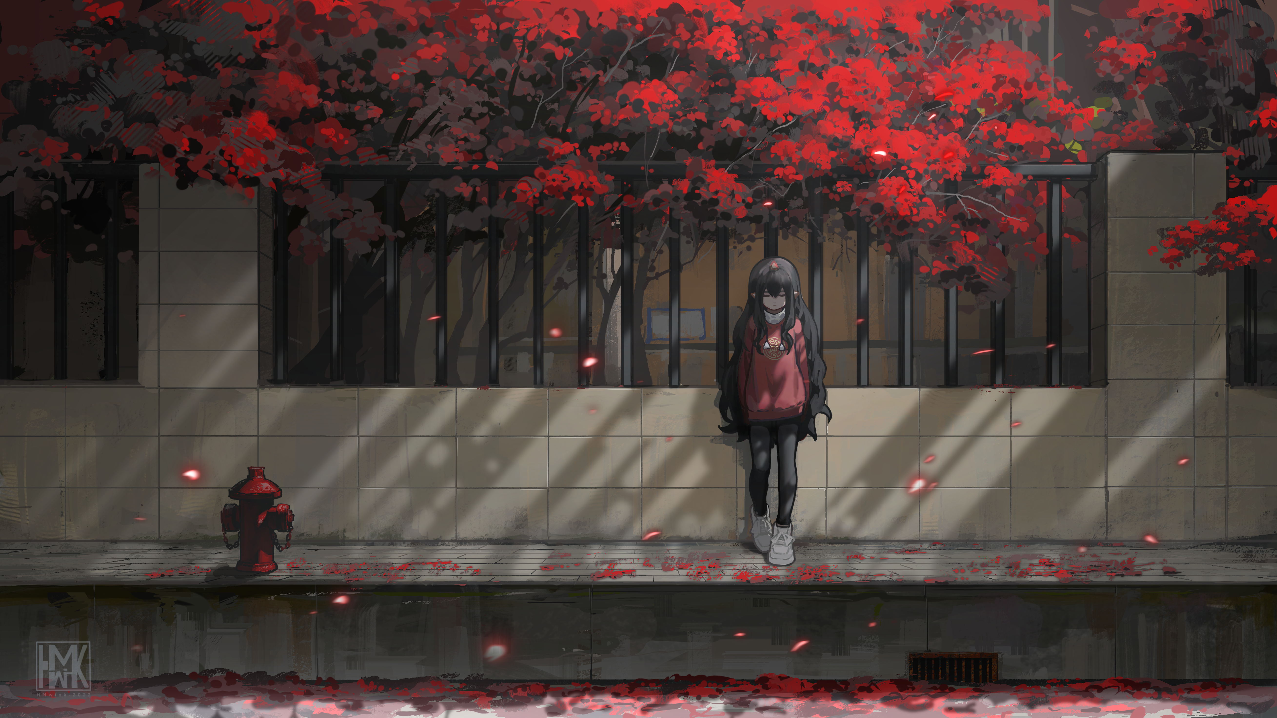 4K illustration of a girl under red trees HD Wallpaper
