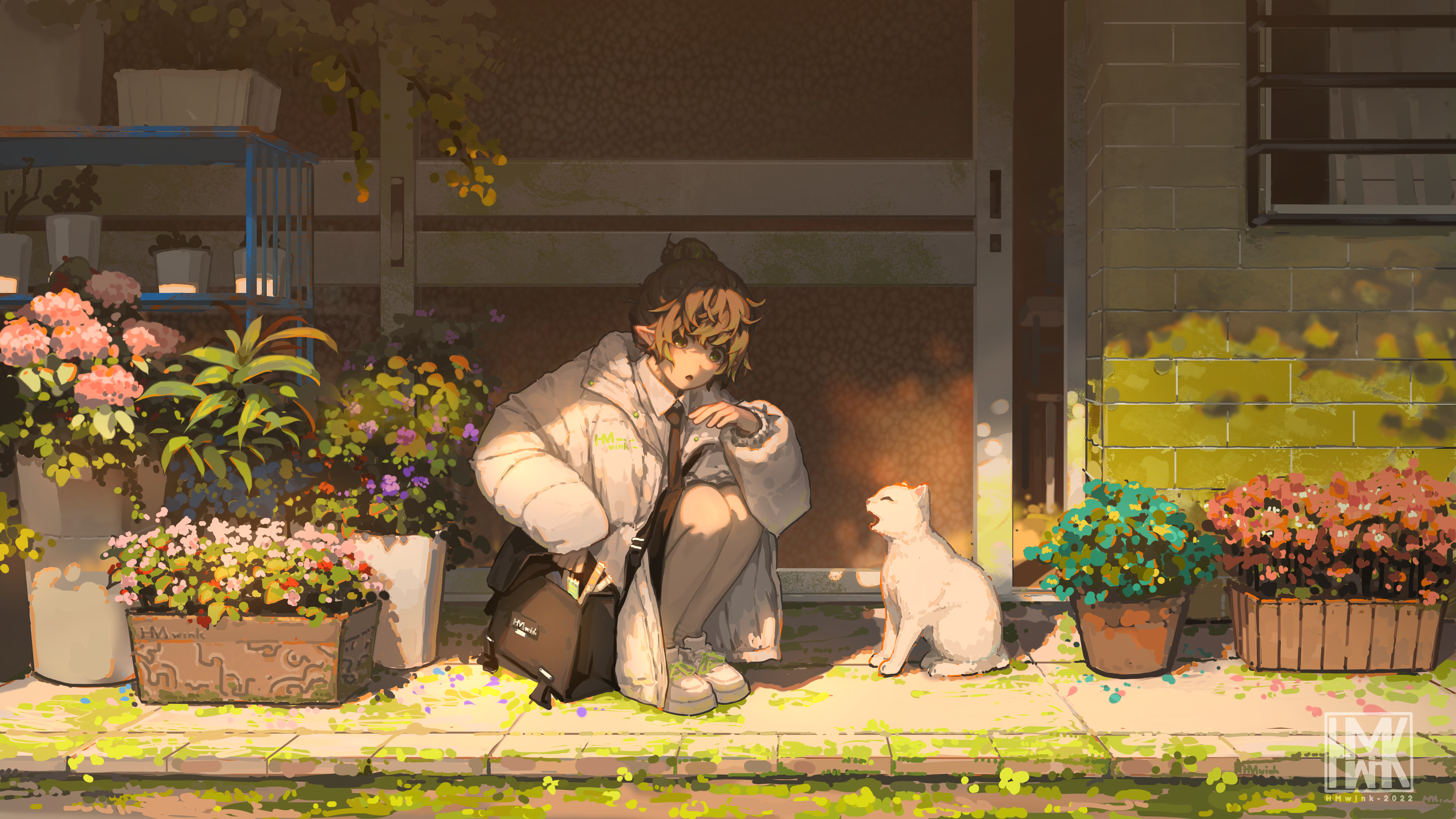 4K anime art of a person and a cat HD Wallpaper