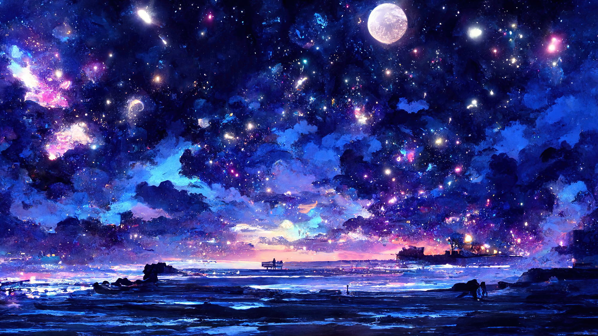 Starry night sky over a calm sea with a moon HD Wallpaper