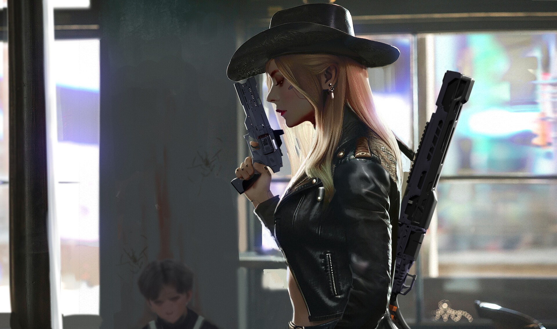 Woman in cowboy hat holding a revolver HD Wallpaper