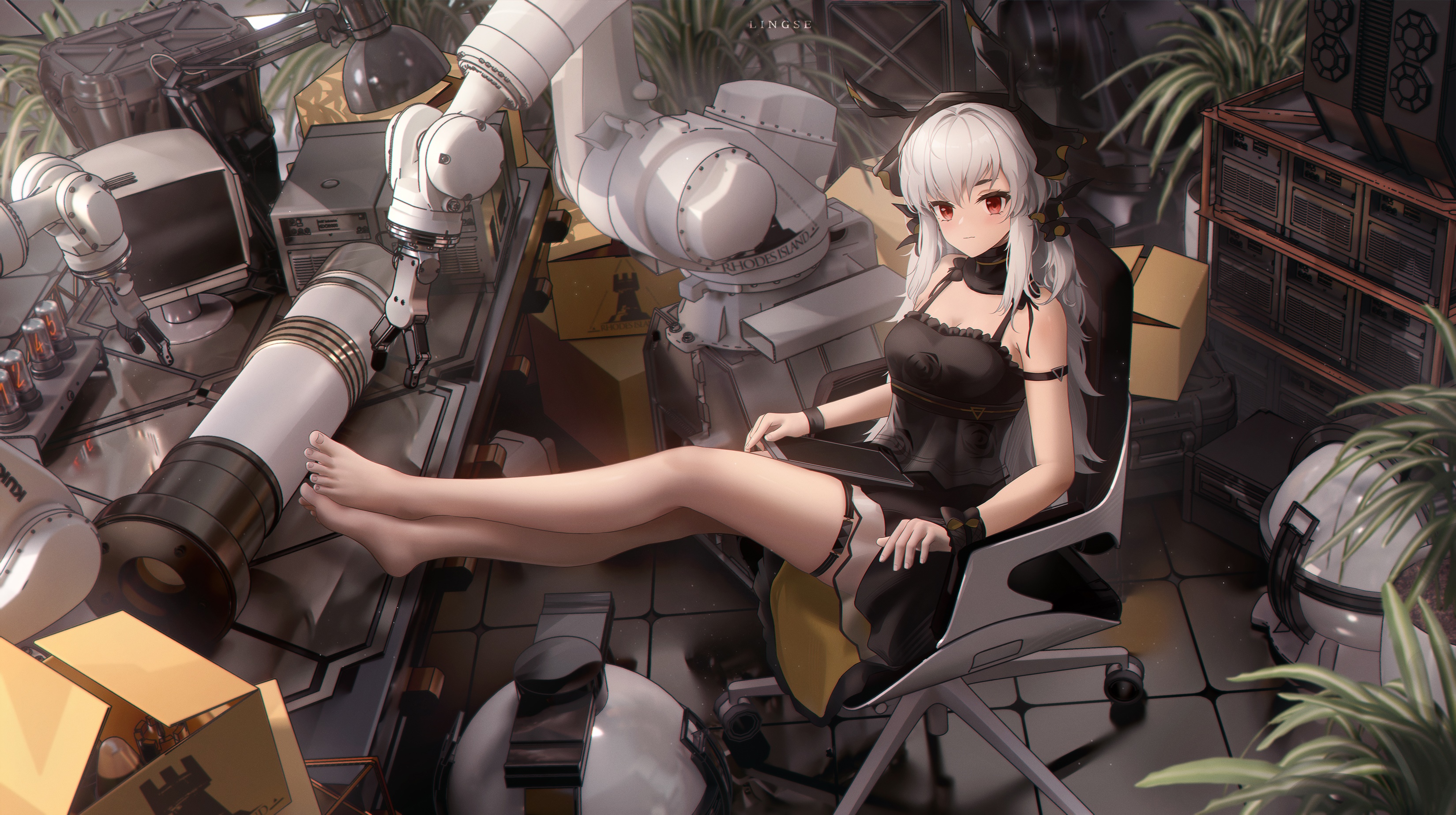 Weedy with crossed legs in a cluttered workshop HD Wallpaper