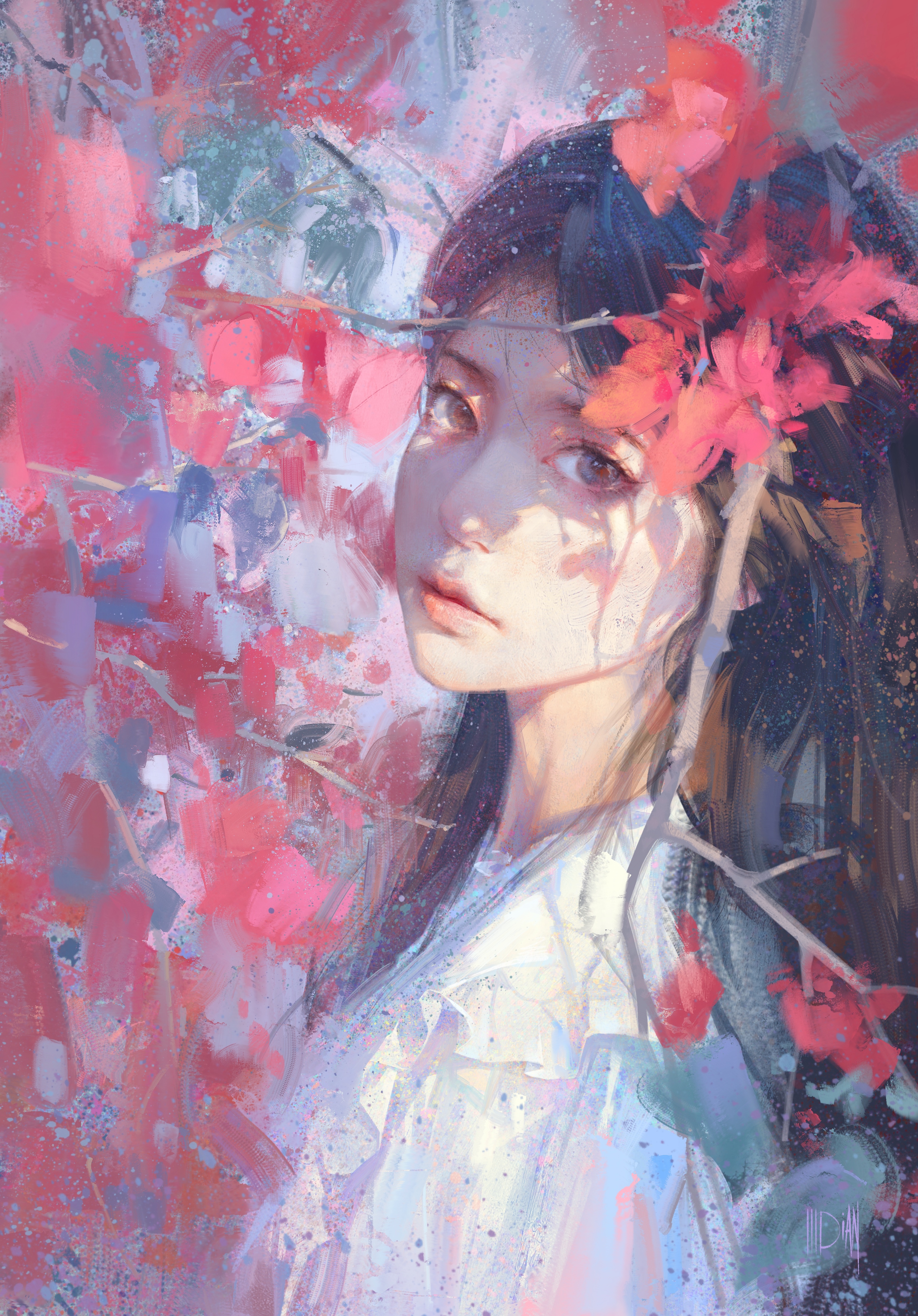 ILLDIAN painting of a woman with dark hair and flowers HD Phone Wallpaper
