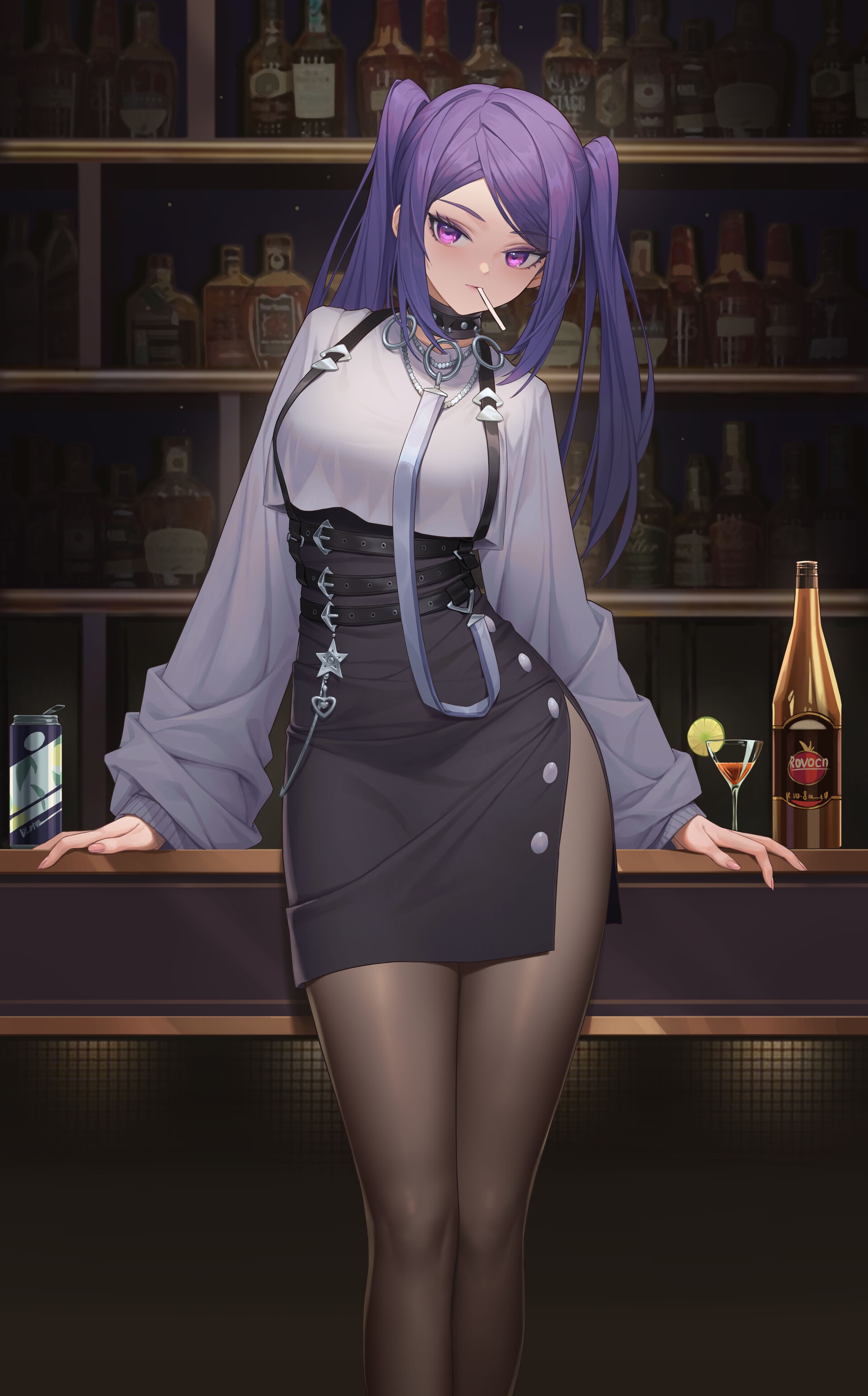 Woman with purple hair at a bar with drinks HD Phone Wallpaper