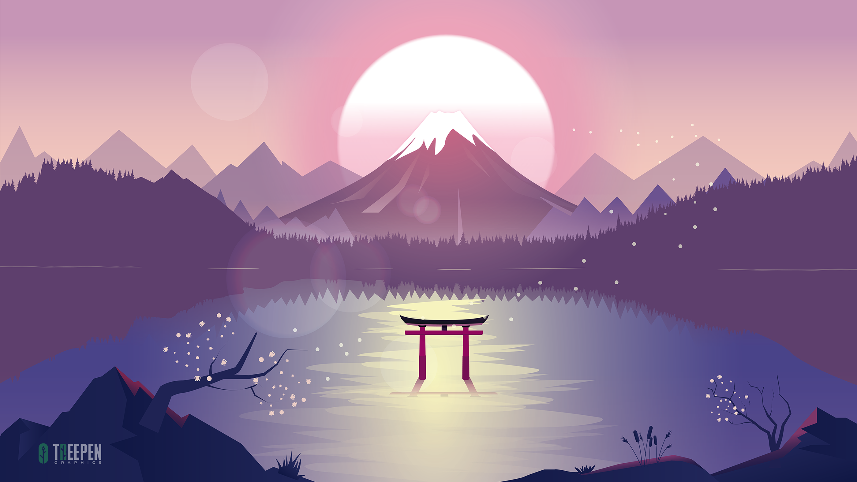Mount Fuji and Torii gate at sunset over a lake HD Wallpaper