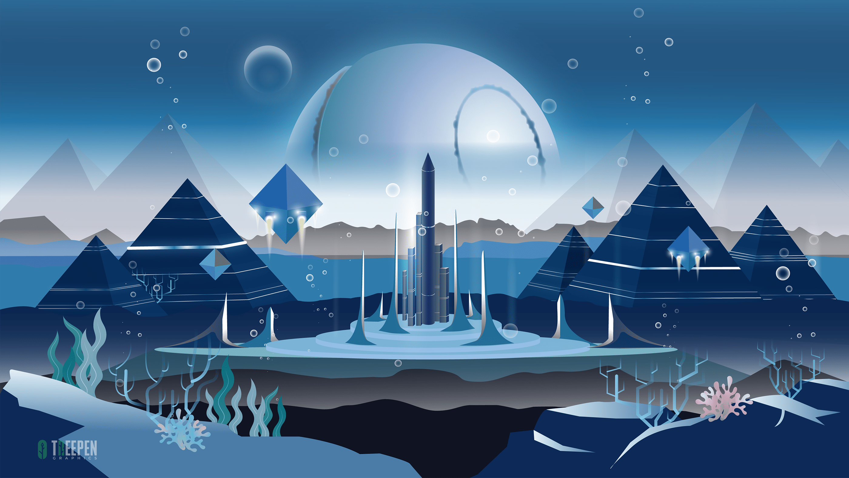 Underwater futuristic city with pyramids and planets HD Wallpaper