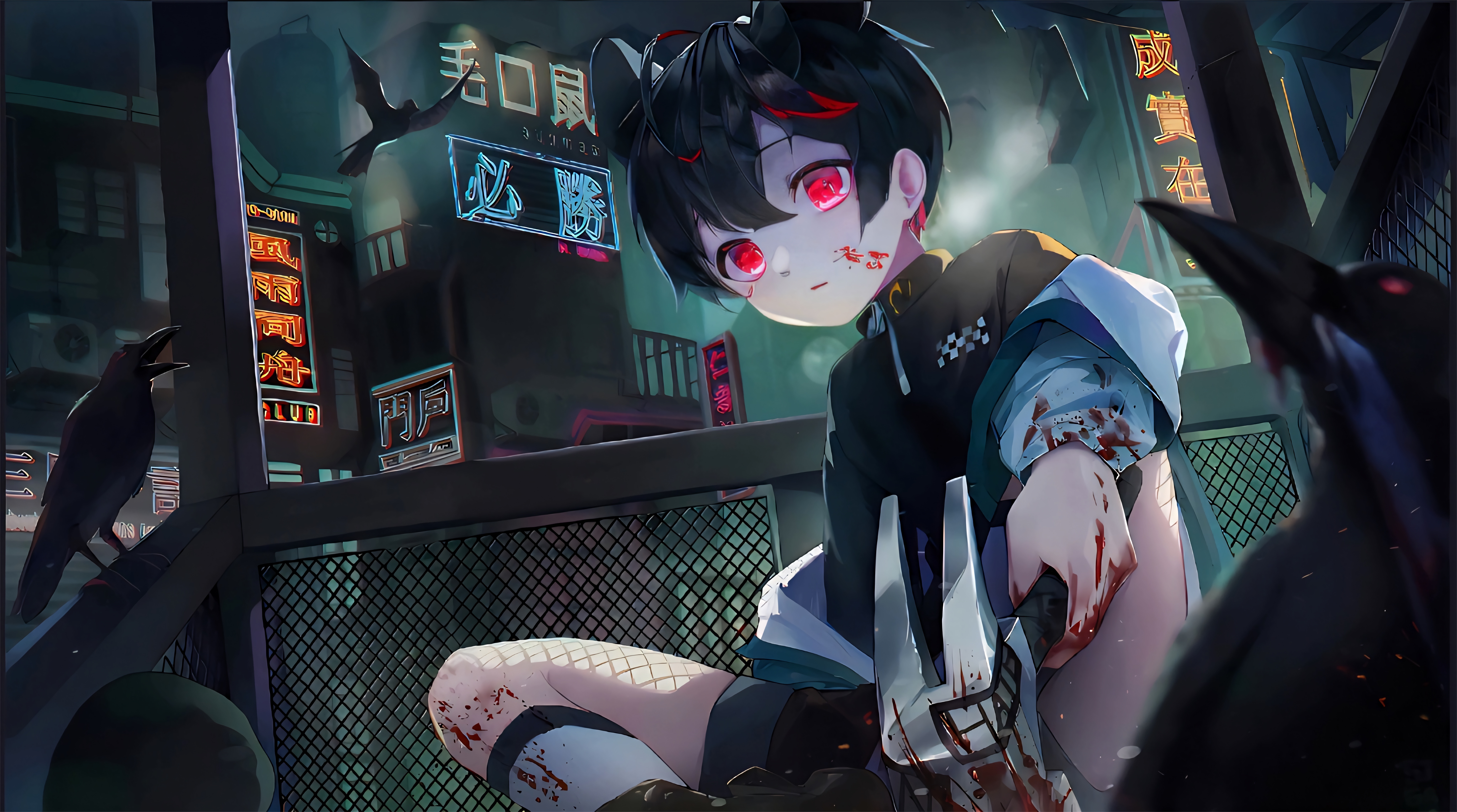 Anime boy with red eyes and blood in a city at night HD Wallpaper