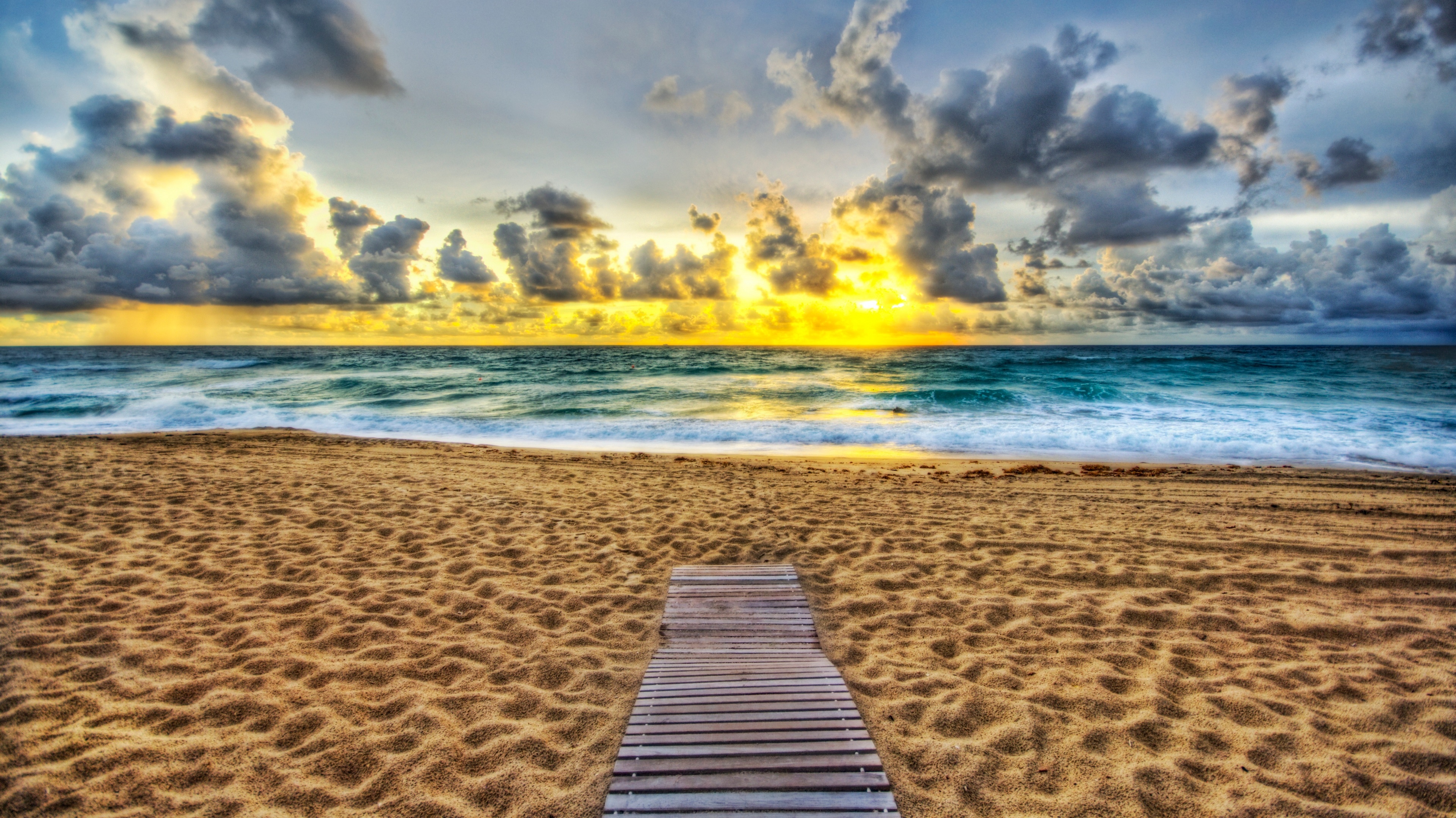 4K Beach Boardwalk at Sunset with Ocean Waves HD Wallpaper