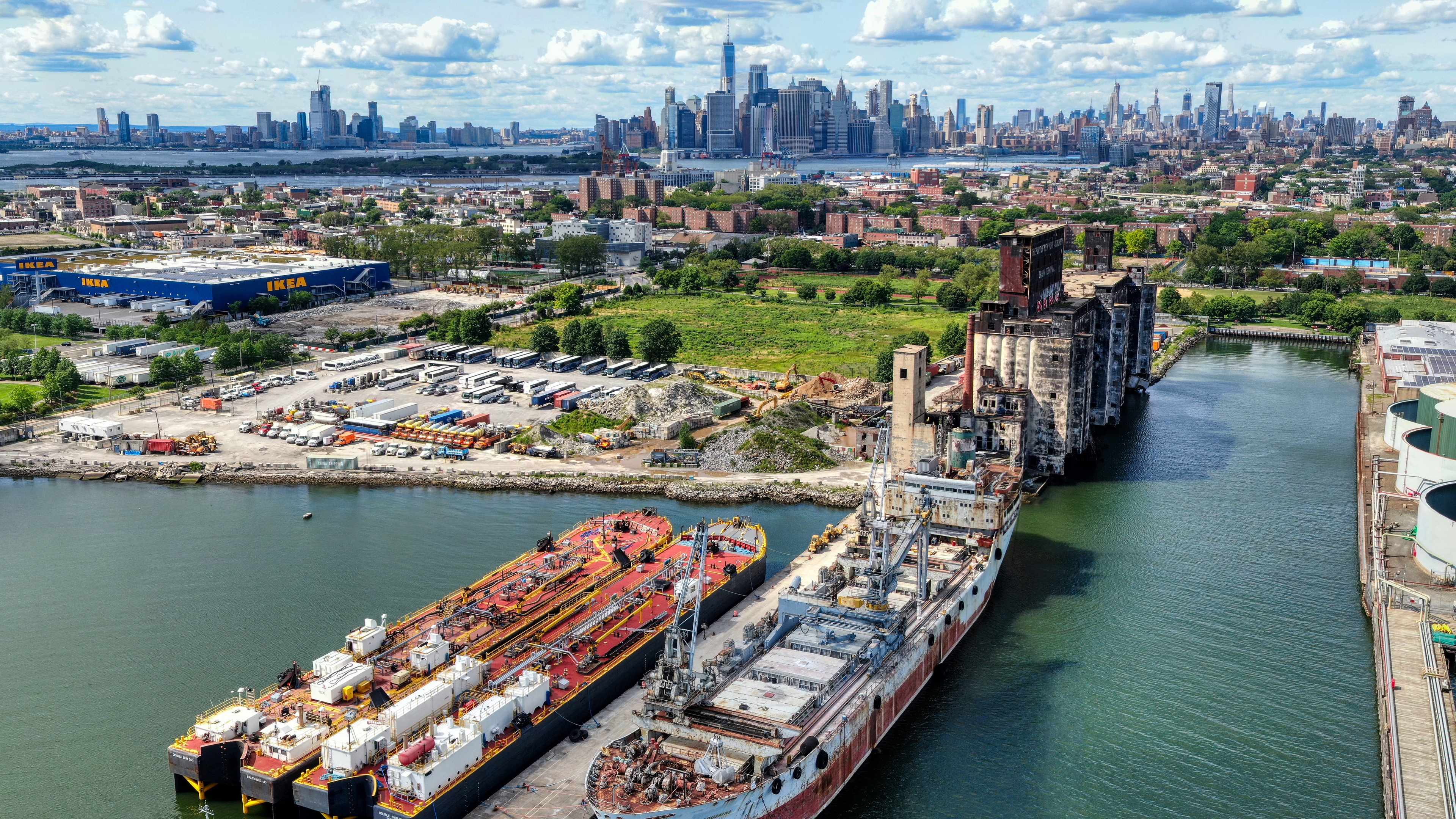 4K Aerial View of Ships and NYC Skyline with IKEA HD Wallpaper