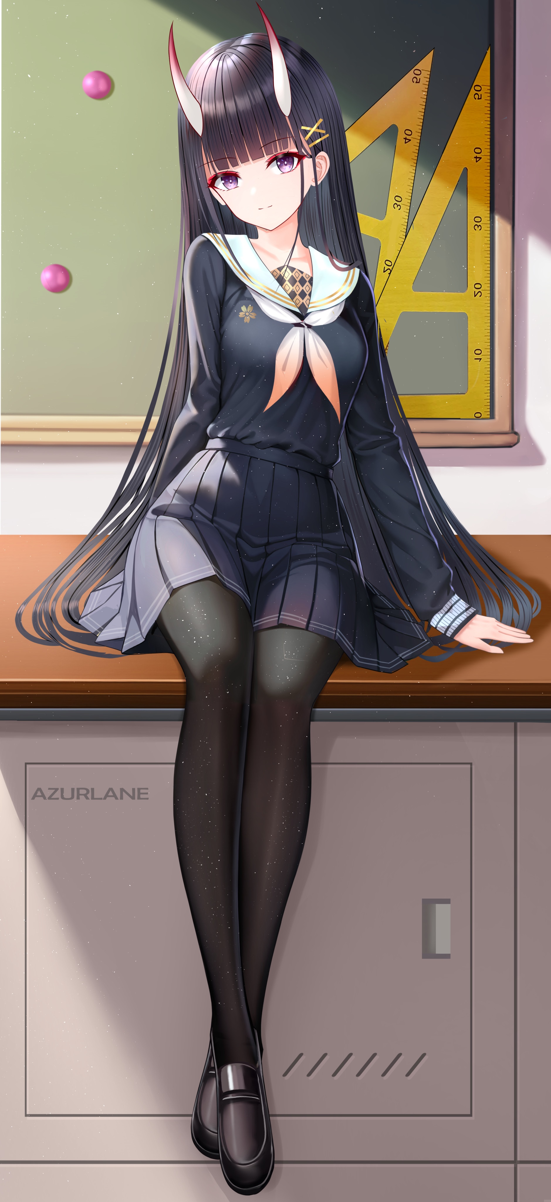 Noshiro in a school uniform with horns HD Phone Wallpaper