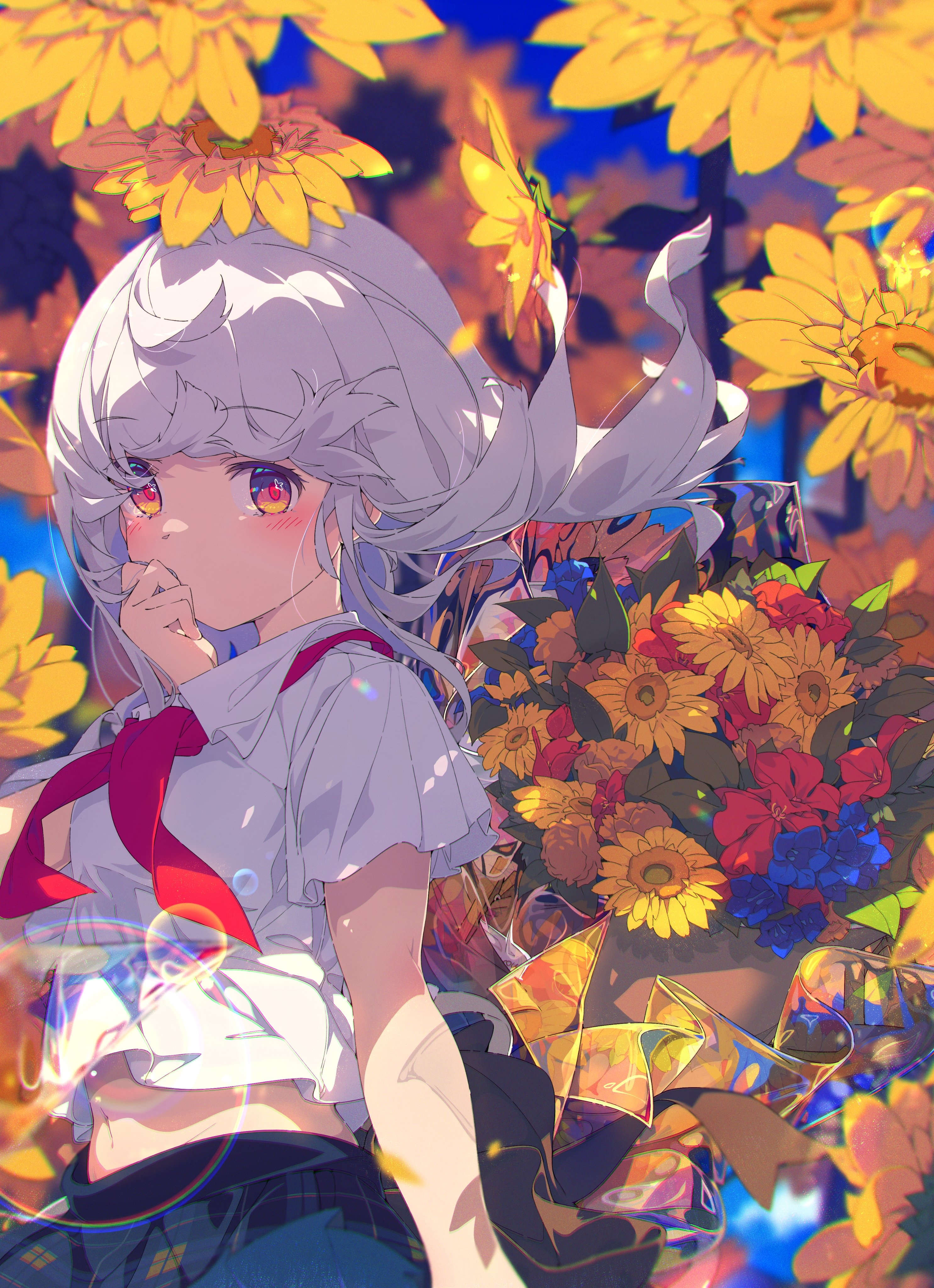 Anime girl with gray hair and sunflowers HD Phone Wallpaper