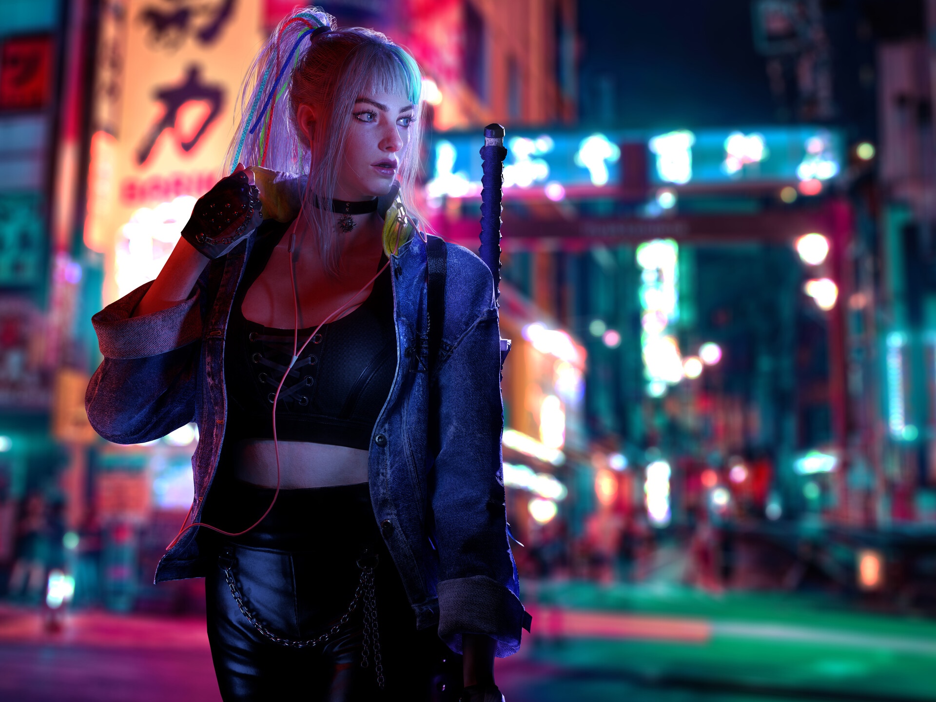 Cyberpunk woman with sword in neon city HD Wallpaper