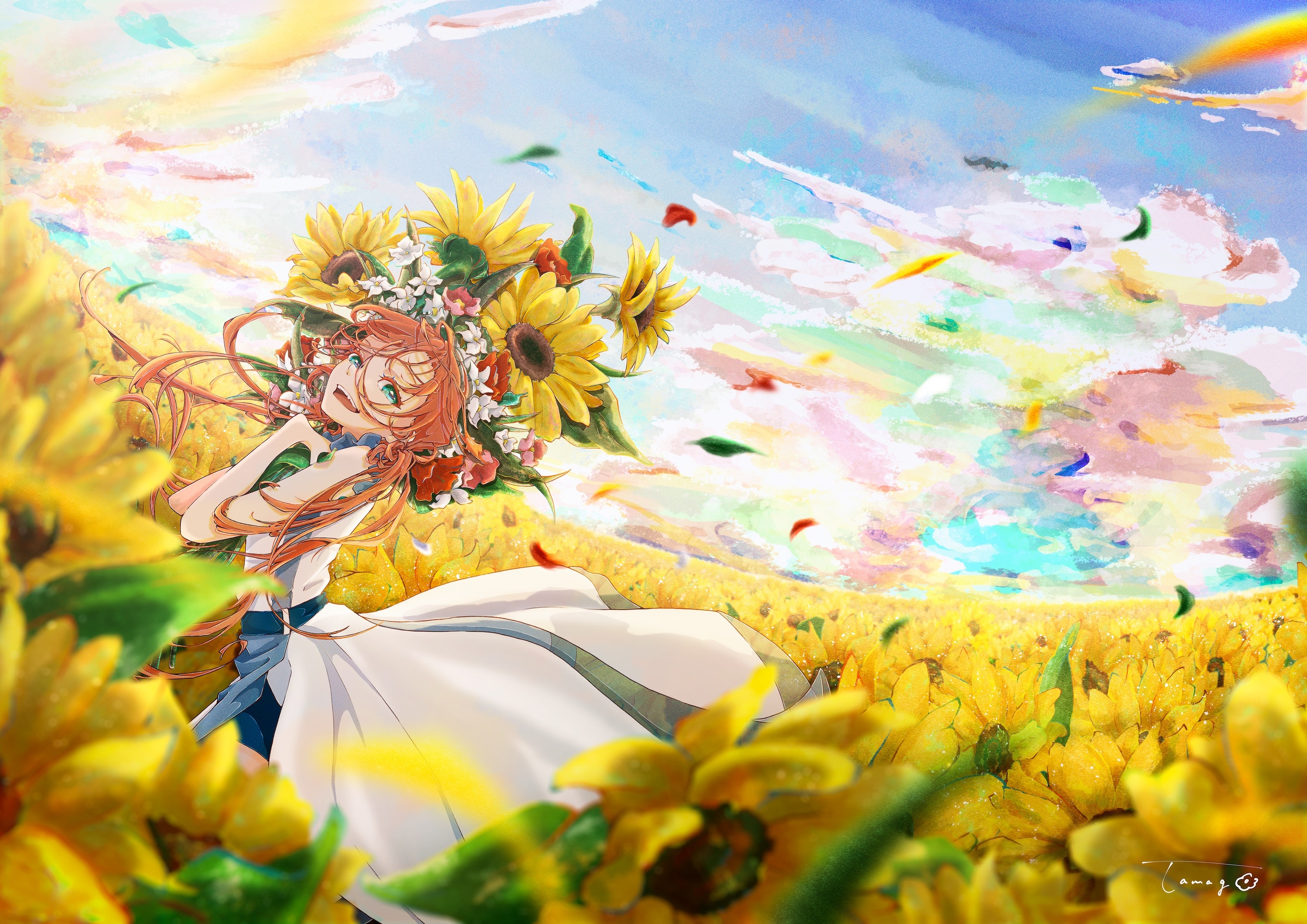 Girl with sunflowers in a field HD Wallpaper
