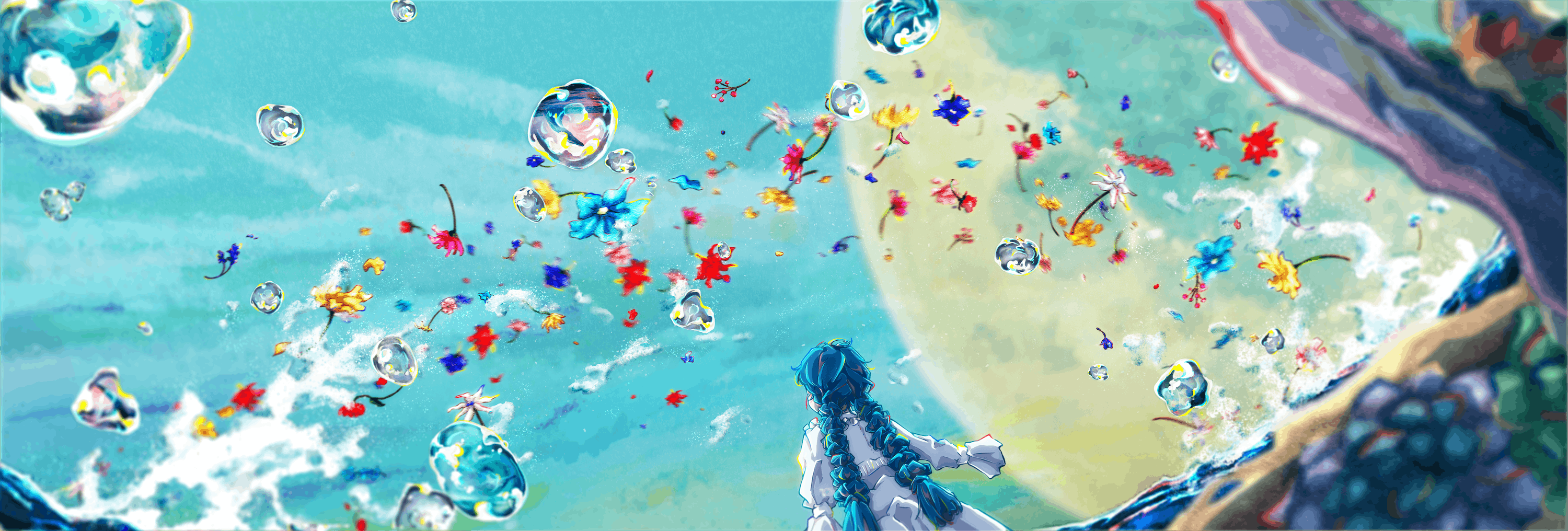 Anime girl with blue hair and braids in a world of flowers and bubbles HD Wallpaper