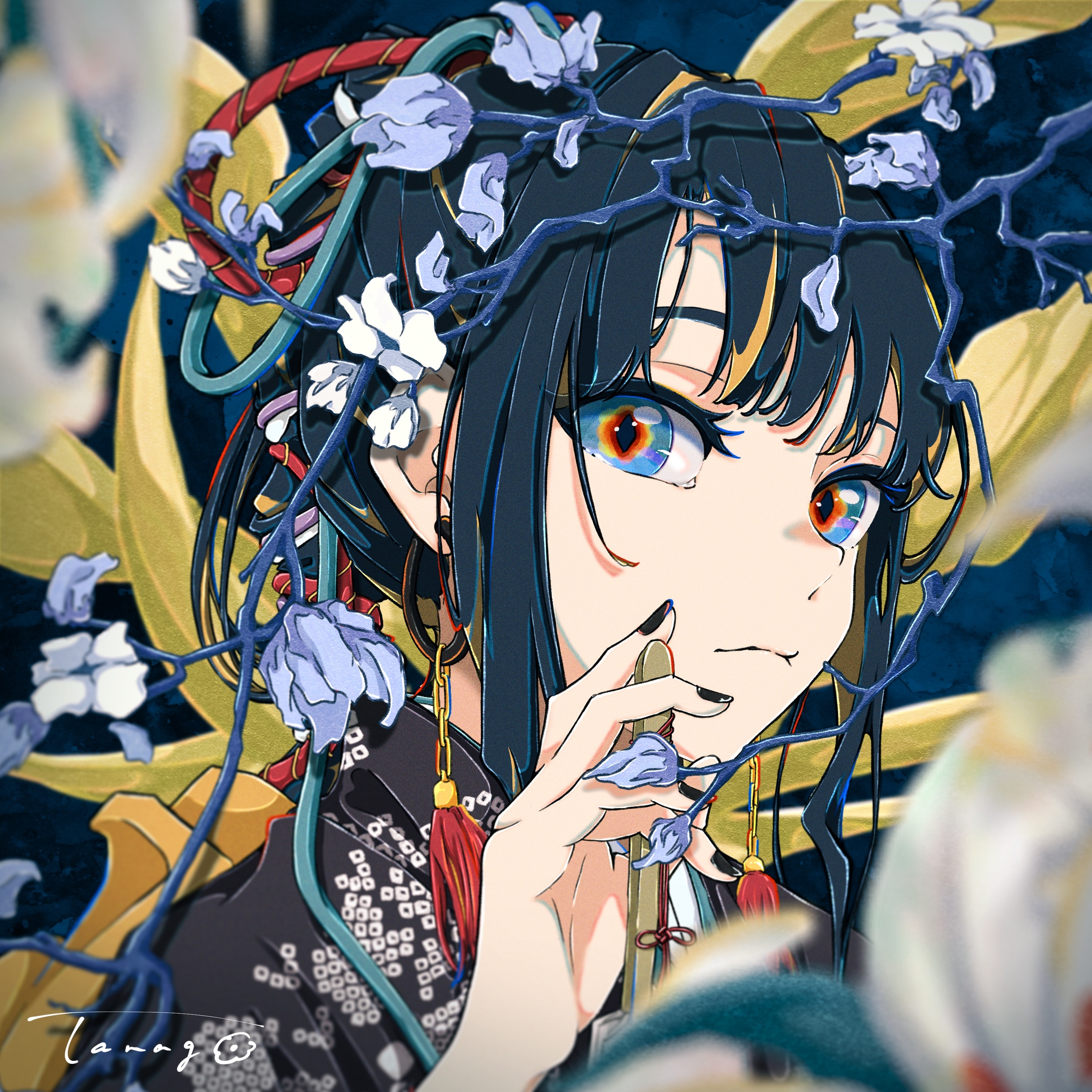 Illustration of a woman with dark hair and multi-colored eyes HD Wallpaper