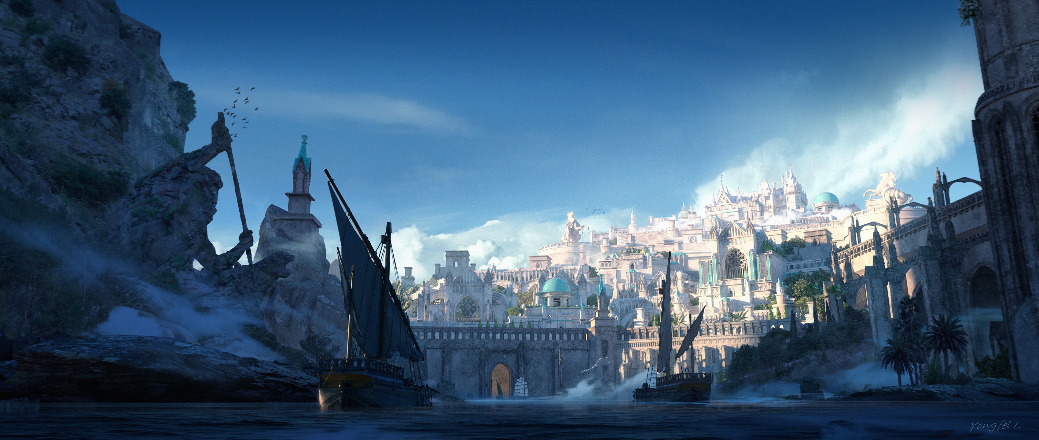 Fantasy city by the sea with ancient statues HD Wallpaper
